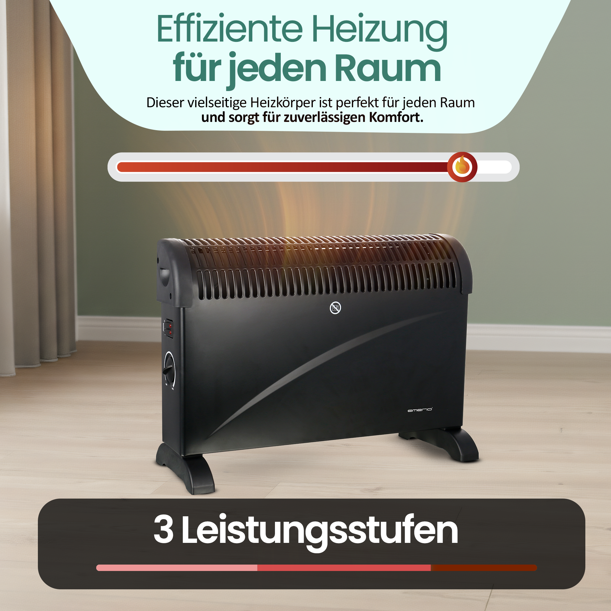 Schwarzer Elektroheizer auf Holzboden. Text oben und unten. Vorhänge und Wand im Hintergrund.