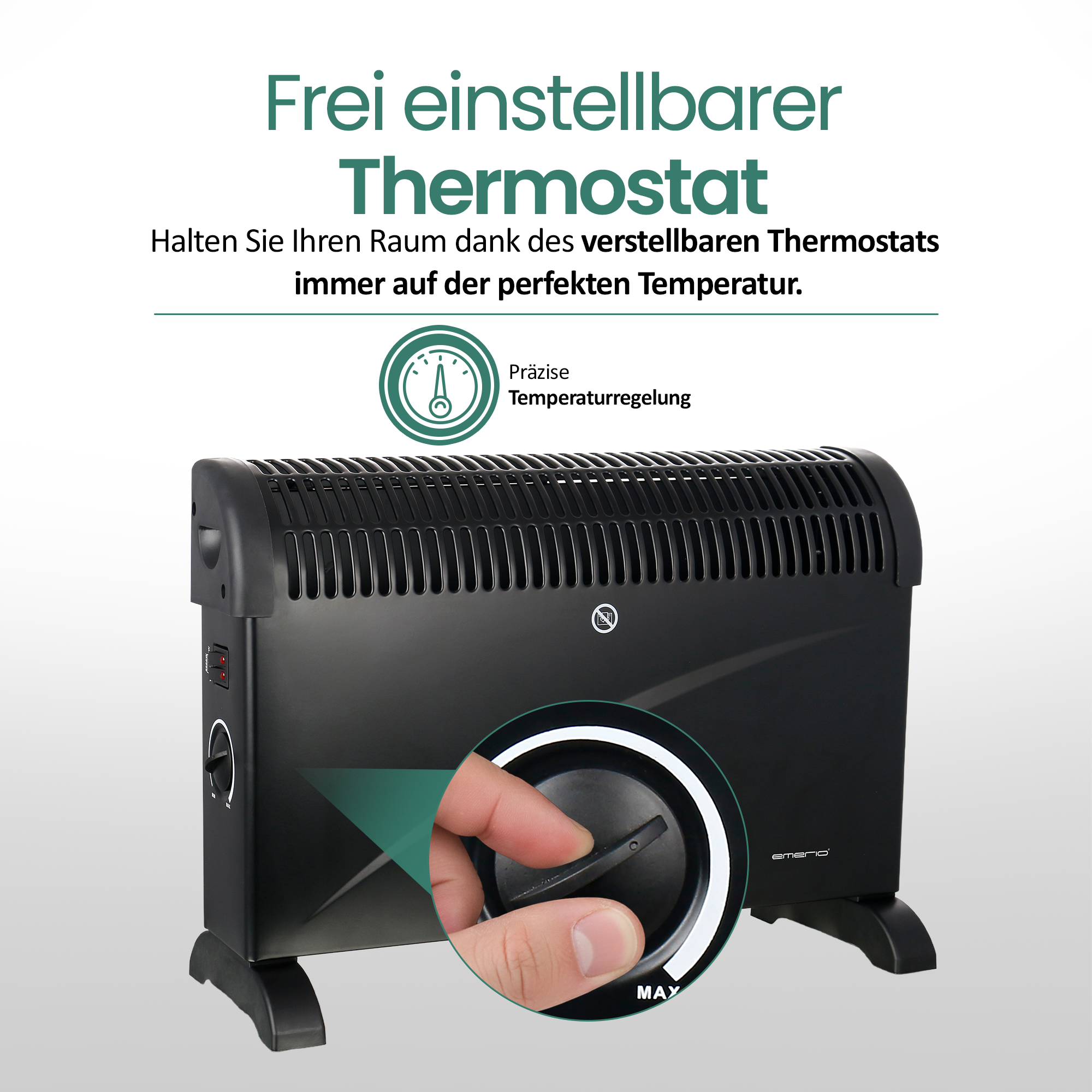 Ein schwarzer elektrischer Heizlüfter mit einstellbarem Thermostat. Eine Hand dreht den Knopf. Text auf Deutsch sichtbar.