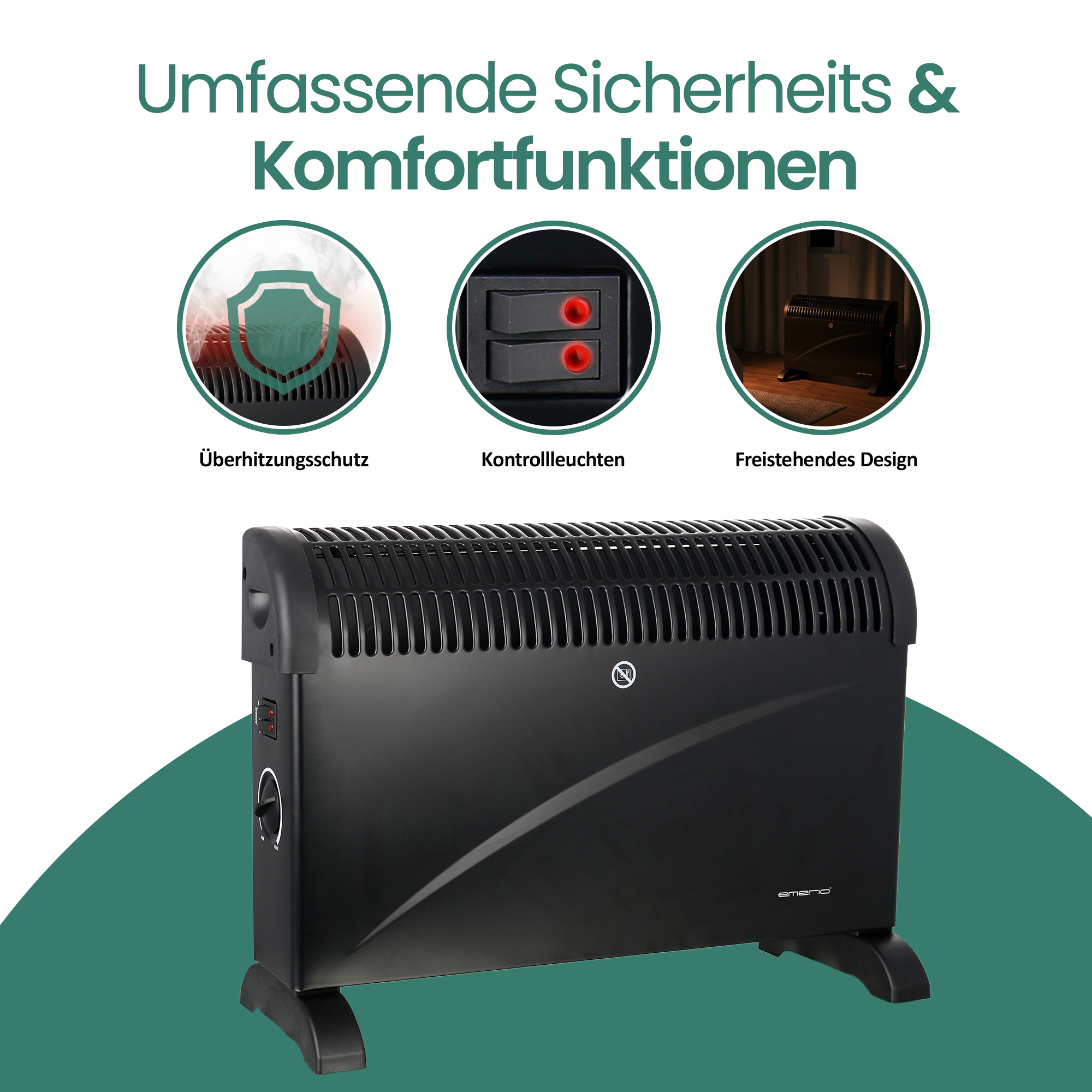 Schwarze elektrische Heizung mit drei Funktionssymbolen: Überhitzungsschutz, Kontrollleuchten und freistehendes Design.