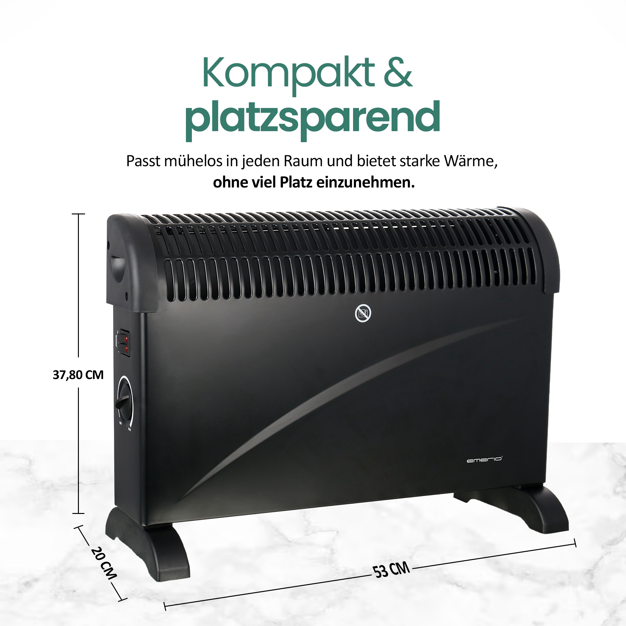 Ein schwarzer elektrischer Heizlüfter mit beschrifteten Abmessungen. Text darüber lautet 'Kompakt & platzsparend'.