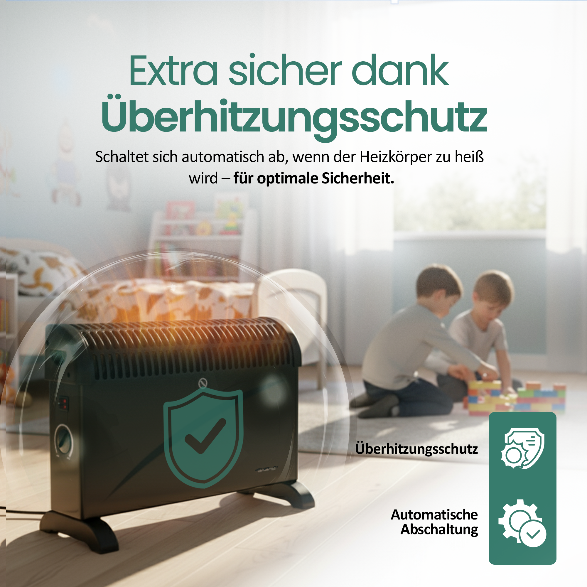 Das Bild zeigt eine Heizung mit einem Sicherheits-Icon, zwei spielende Kinder und Text zum Überhitzungsschutz.