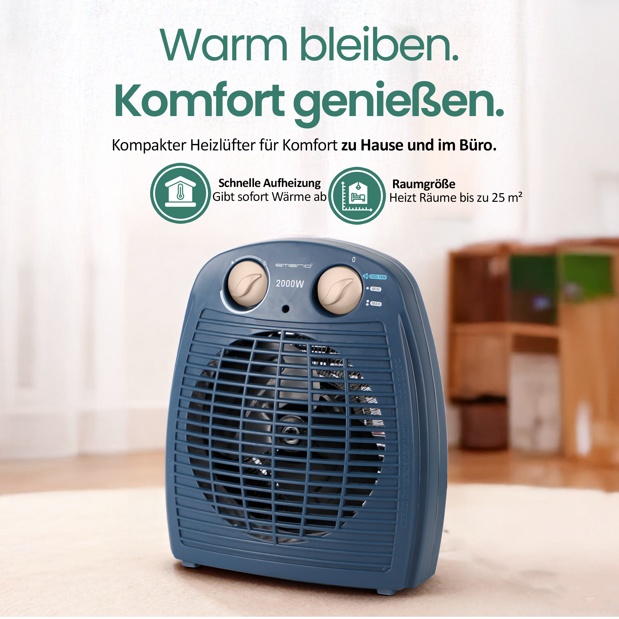 Blauer Emerio 2000W Heizlüfter mit Knöpfen und Lüfter. Text: 'Warm bleiben. Komfort genießen'.