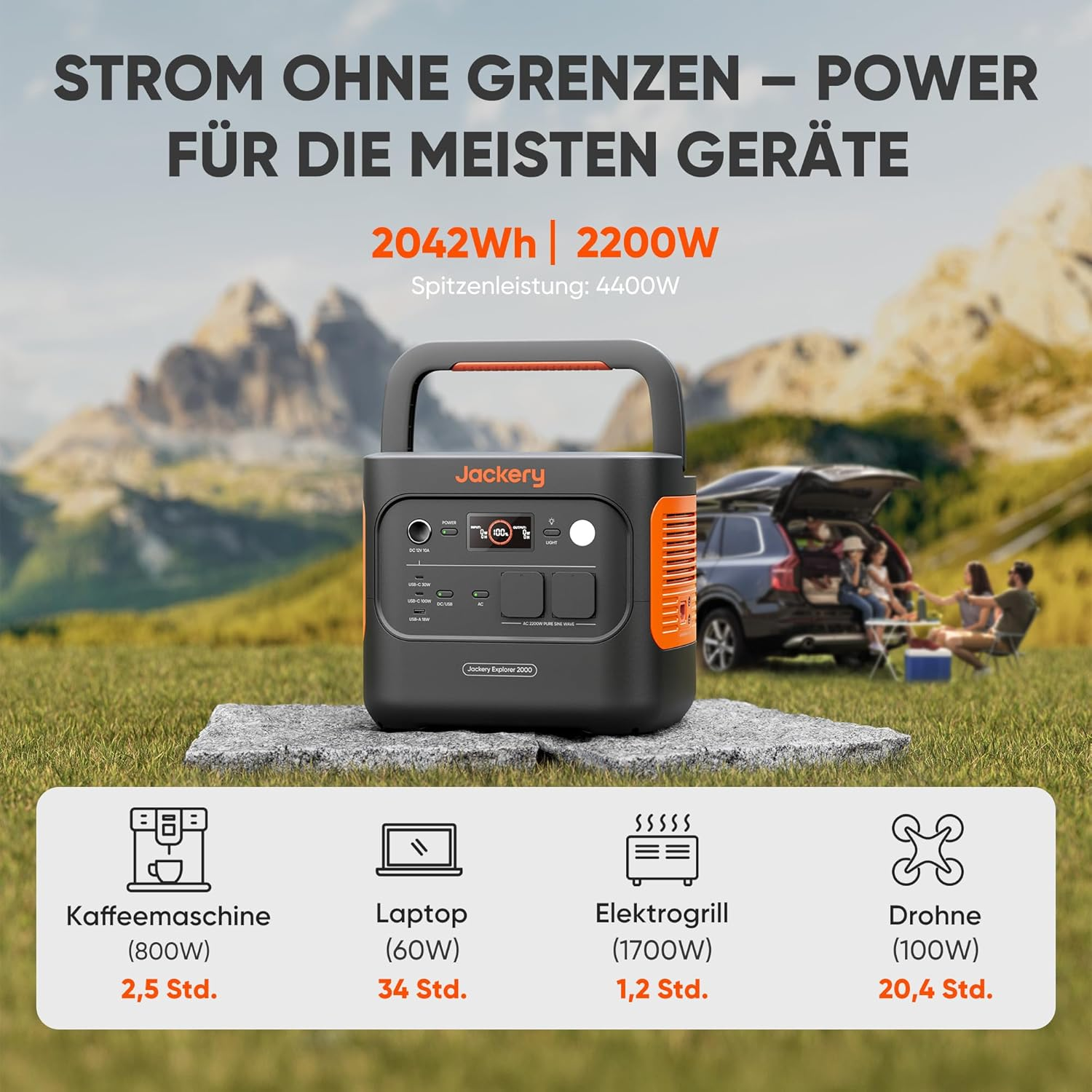 Eine Jackery-Powerstation auf einem Felsen mit Bergkulisse, zeigt Gerätekompatibilität und eine Familie am Auto.