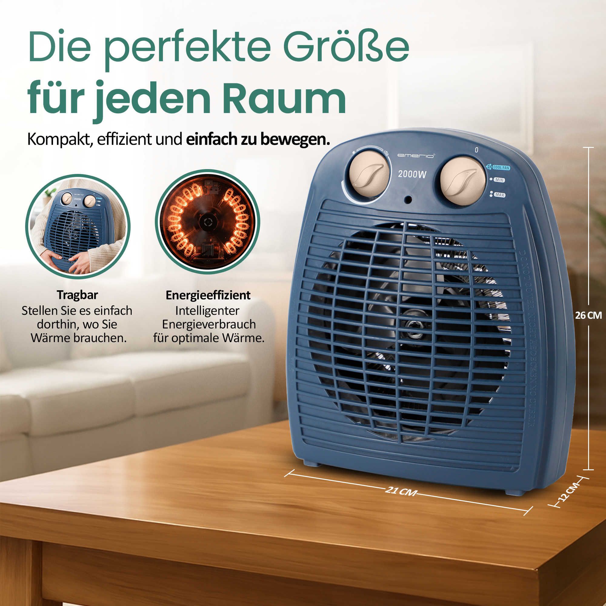 Ein blauer Elektroheizer auf einem Holztisch. Text sagt, es ist perfekt für jeden Raum. Es gibt auch kleinere Bilder.