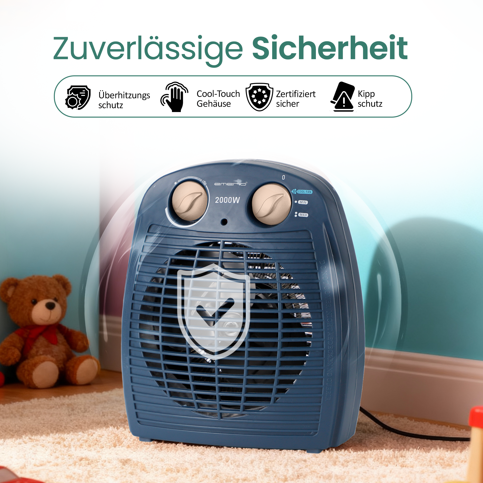 Blauer Ventilator mit Sicherheitsmerkmalen, Teddybär links. Text: Zuverlässige Sicherheit.