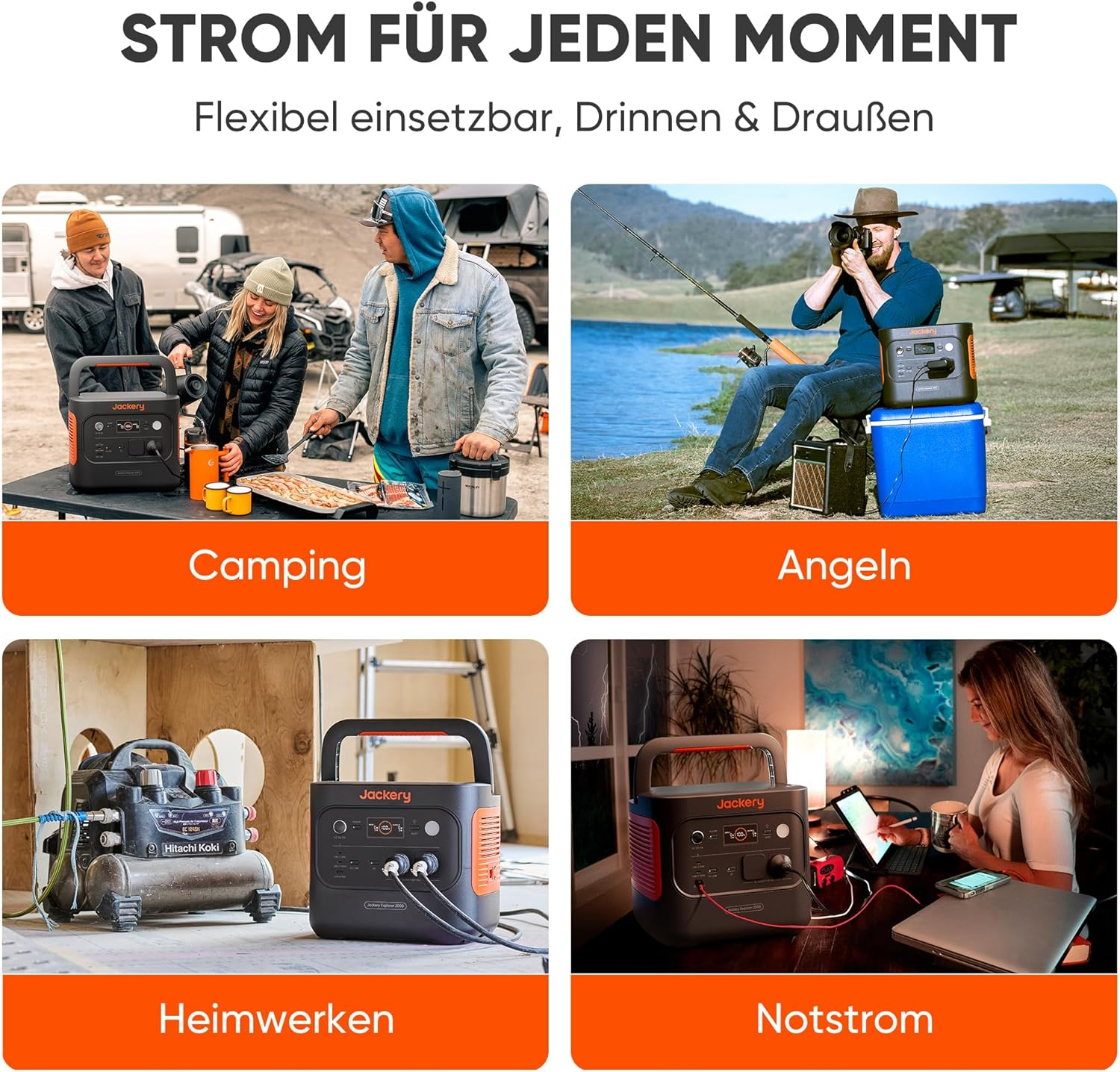Das Bild zeigt Anwendungsfälle für die Stromversorgung: Camping, Angeln, Heimwerken und Notstrom. Menschen nutzen die Stationen in verschiedenen Szenarien.