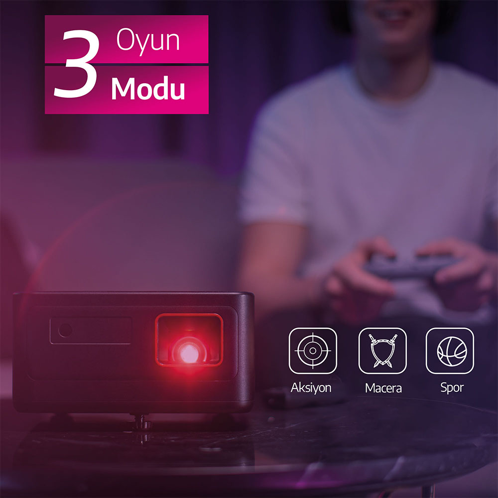 Kırmızı ışıklı bir projektör, video oyunu oynayan bir kişi ve aksiyon, macera ve spor simgeleri görüntüleniyor.