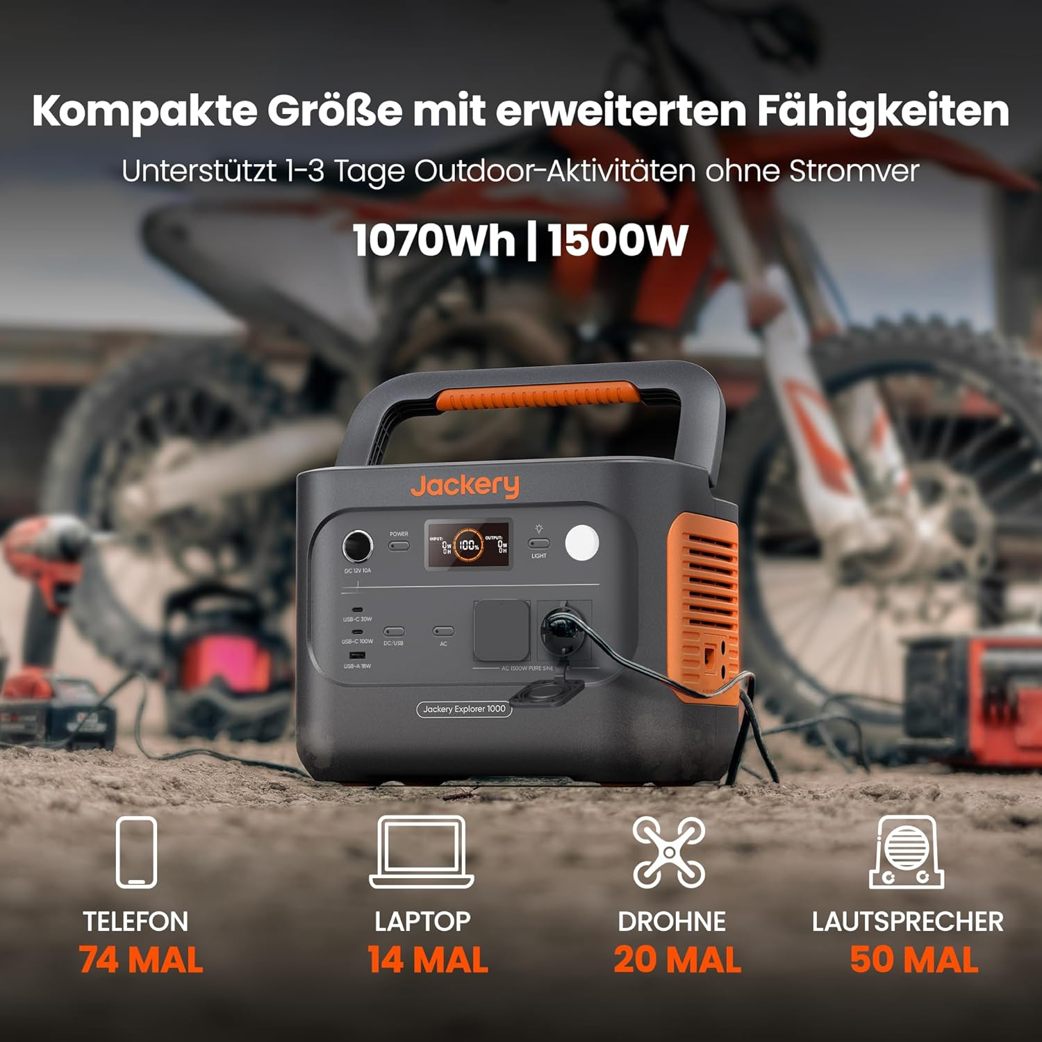 Eine Jackery Explorer 1000 Powerstation mit Motorrad im Hintergrund. Der Text besagt, dass sie Outdoor-Aktivitäten für 1-3 Tage unterstützt.