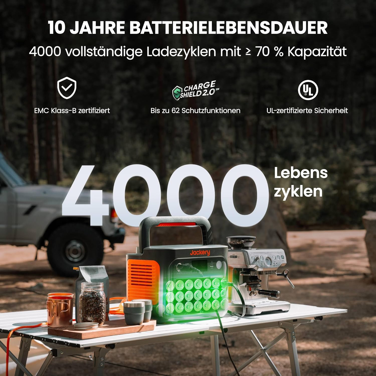 Eine Campingszene mit einer Powerstation, Kaffeemaschine und Kaffeebohnen auf einem Tisch. Ein Auto im Hintergrund.