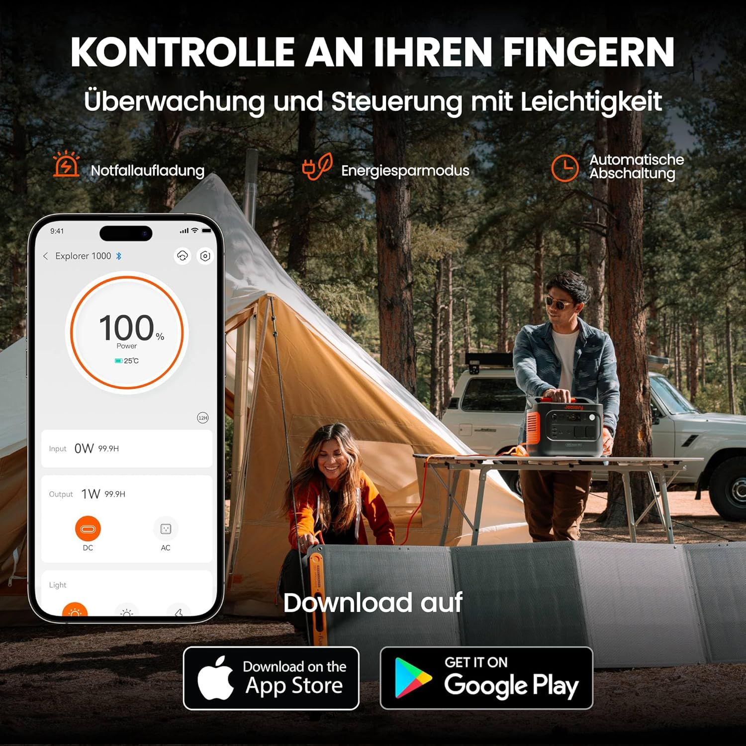 Ein Telefon zeigt Leistungsinformationen. Ein Paar in der Nähe eines Zeltes und eines Autos. Download-Links für die App.