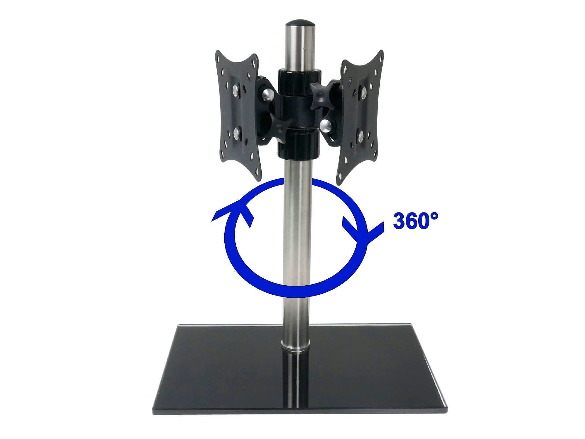Czarny i srebrny stojak pod telewizor z symbolem obrotu 360 stopni. Podstawa jest czarna, słup srebrny, a wsporniki czarne.