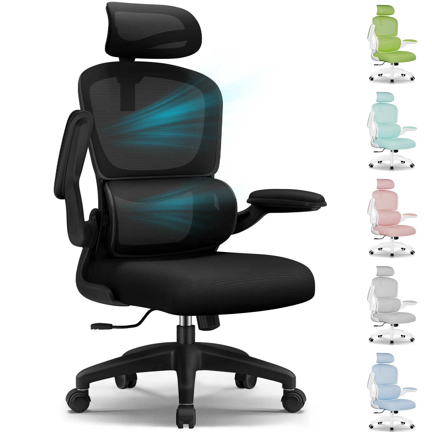 Schwarzer ergonomischer Bürostuhl mit Kopfstütze und Armlehnen. Auf der rechten Seite sind mehrere Farboptionen desselben Stuhls abgebildet.