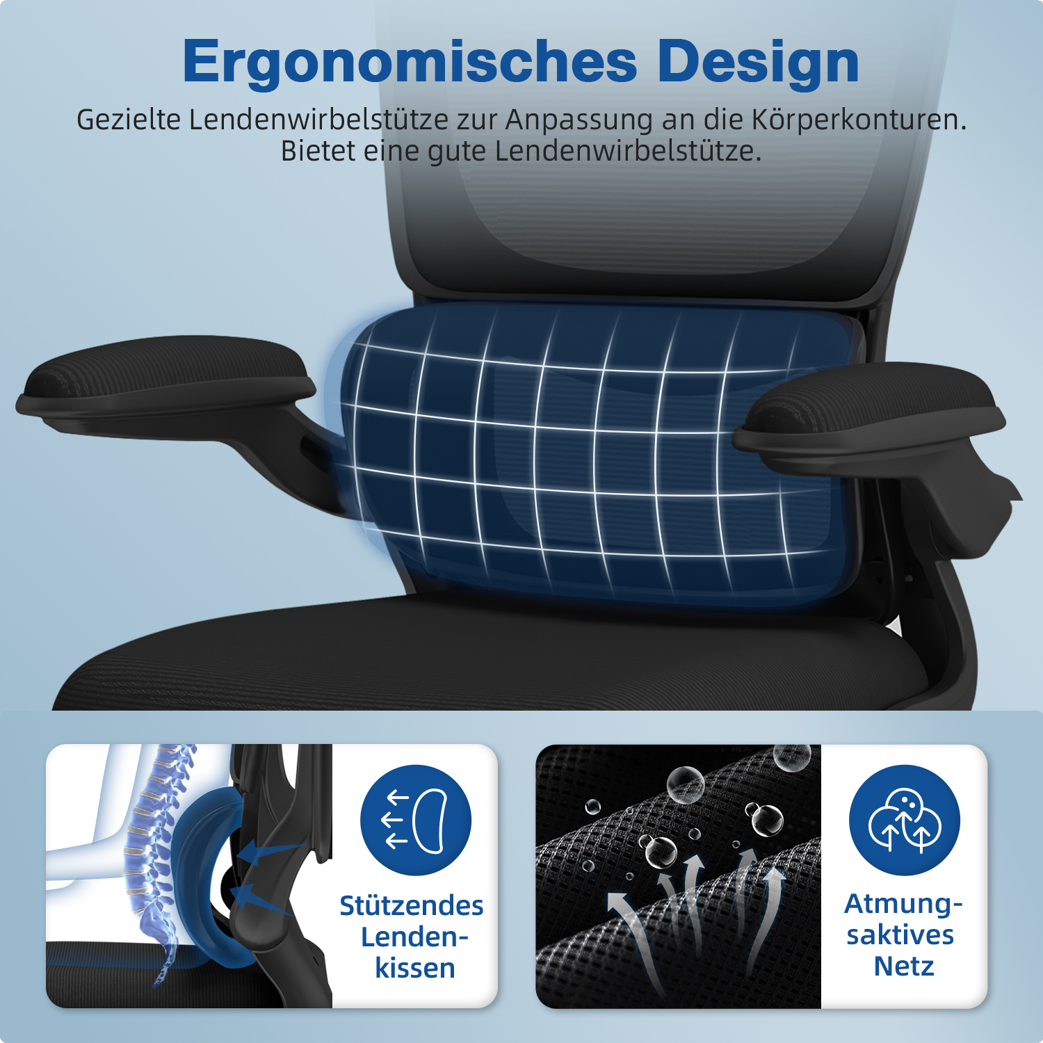 Ein ergonomischer Stuhl mit Lendenwirbelstütze. Zeigt eine blaue Netzrückenlehne, Armlehnen und Diagramme, die Stützfunktionen hervorheben.