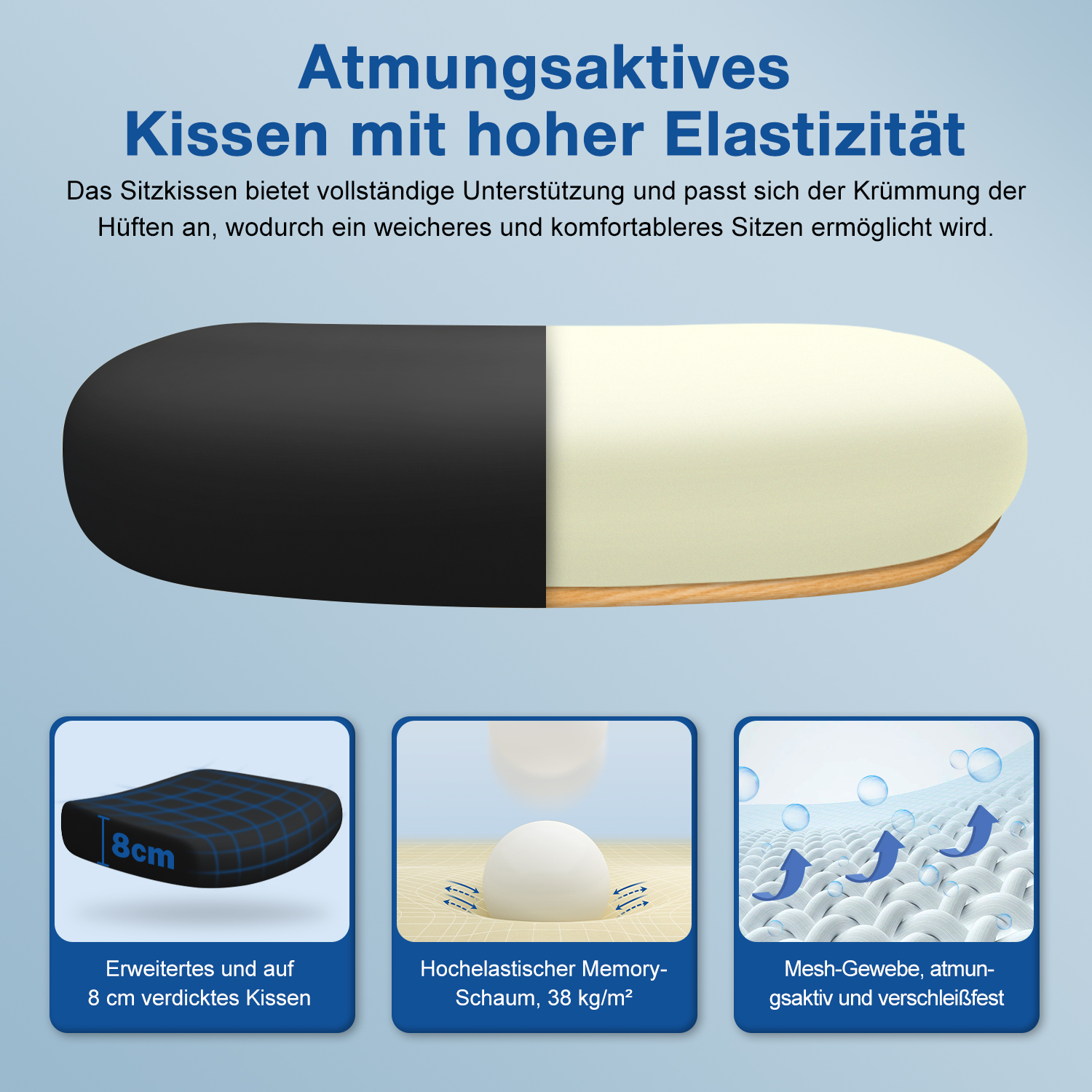Das Bild zeigt ein Kissen mit hoher Elastizität. Es hat drei kleine Kästchen mit Details zu den Eigenschaften des Kissens, wie Memory-Schaum und Mesh-Gewebe.