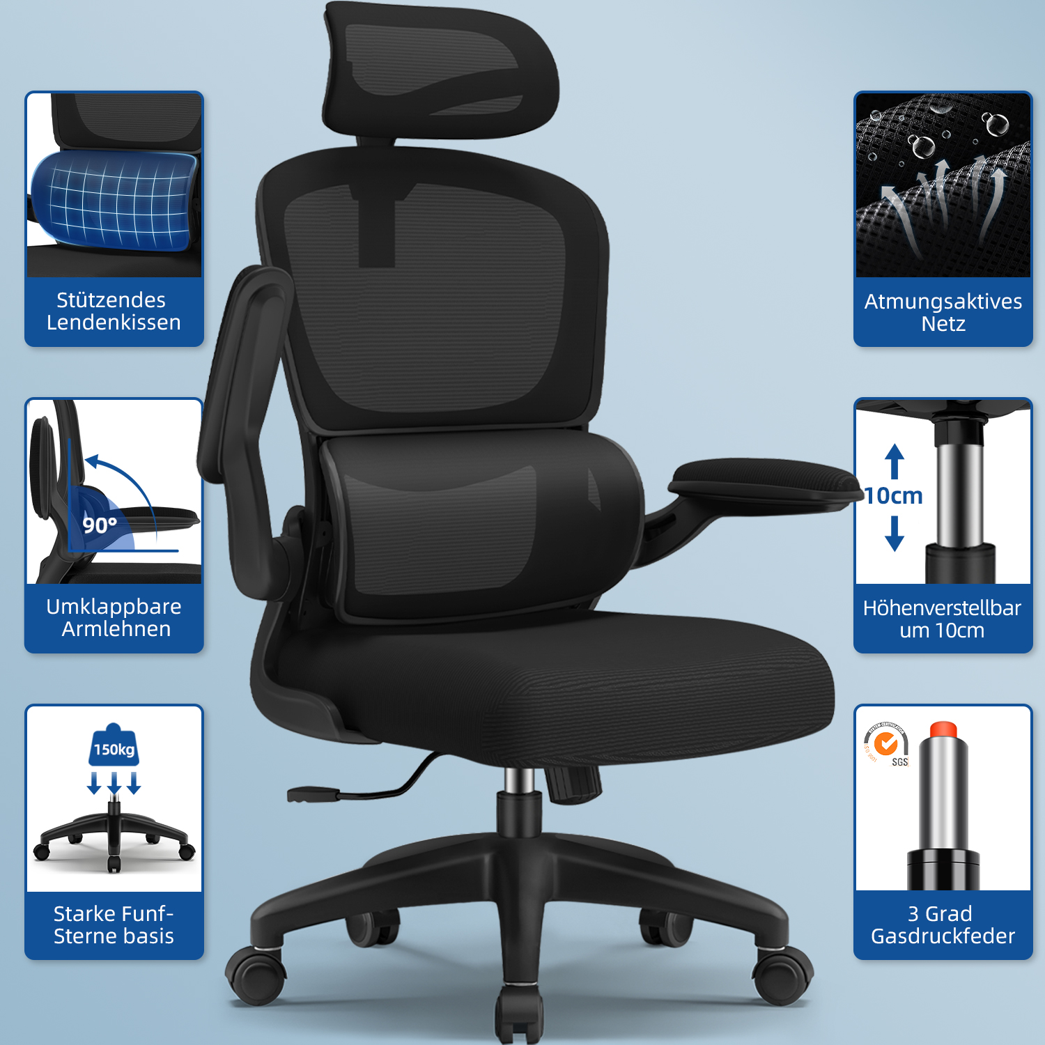 Schwarzer ergonomischer Bürostuhl mit Kopfstütze und Lendenwirbelstütze. Merkmale: verstellbare Armlehnen, Höhe und Fünf-Sterne-Basis.