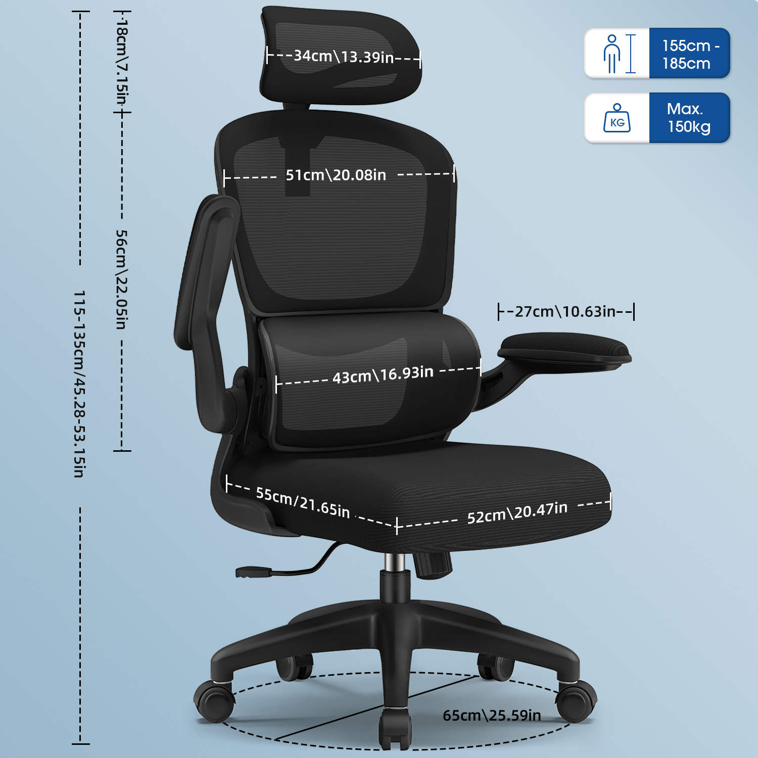 Schwarzer ergonomischer Bürostuhl mit in cm/Zoll angegebenen Maßen. Enthält Angaben zu Höhe/Gewichtskapazität.