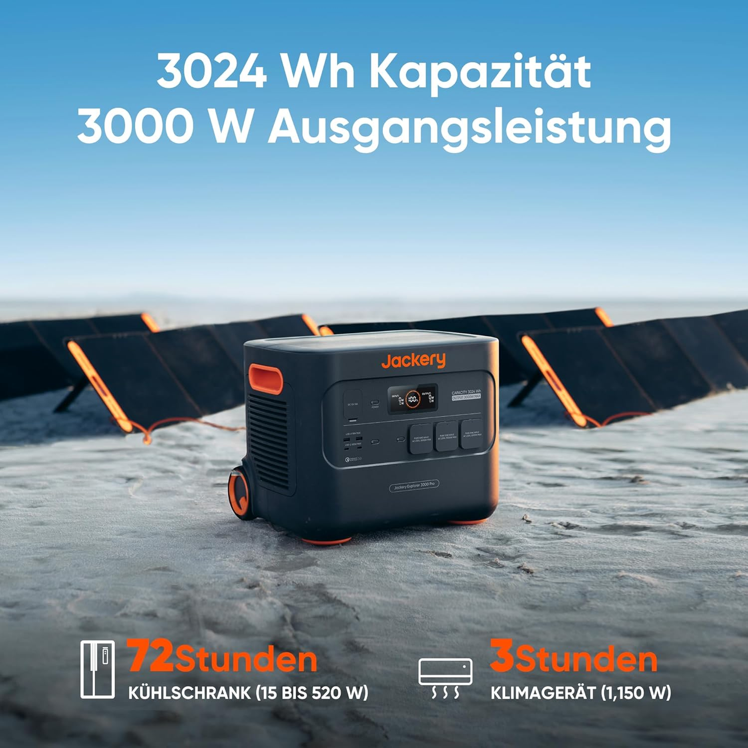 Eine Jackery-Powerstation am Strand mit Solarpanelen im Hintergrund. Text hebt die Leistungskapazität und Nutzungszeiten für Geräte hervor.