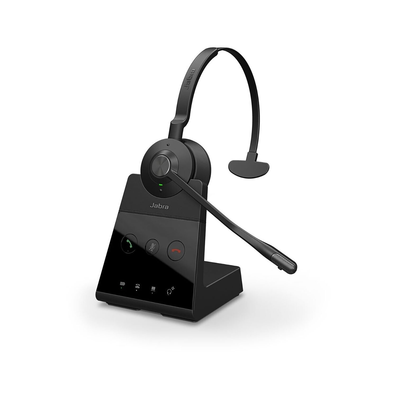 Czarny zestaw słuchawkowy Jabra na czarnej podstawie. Zestaw słuchawkowy ma mikrofon i zakrzywiony górny element.