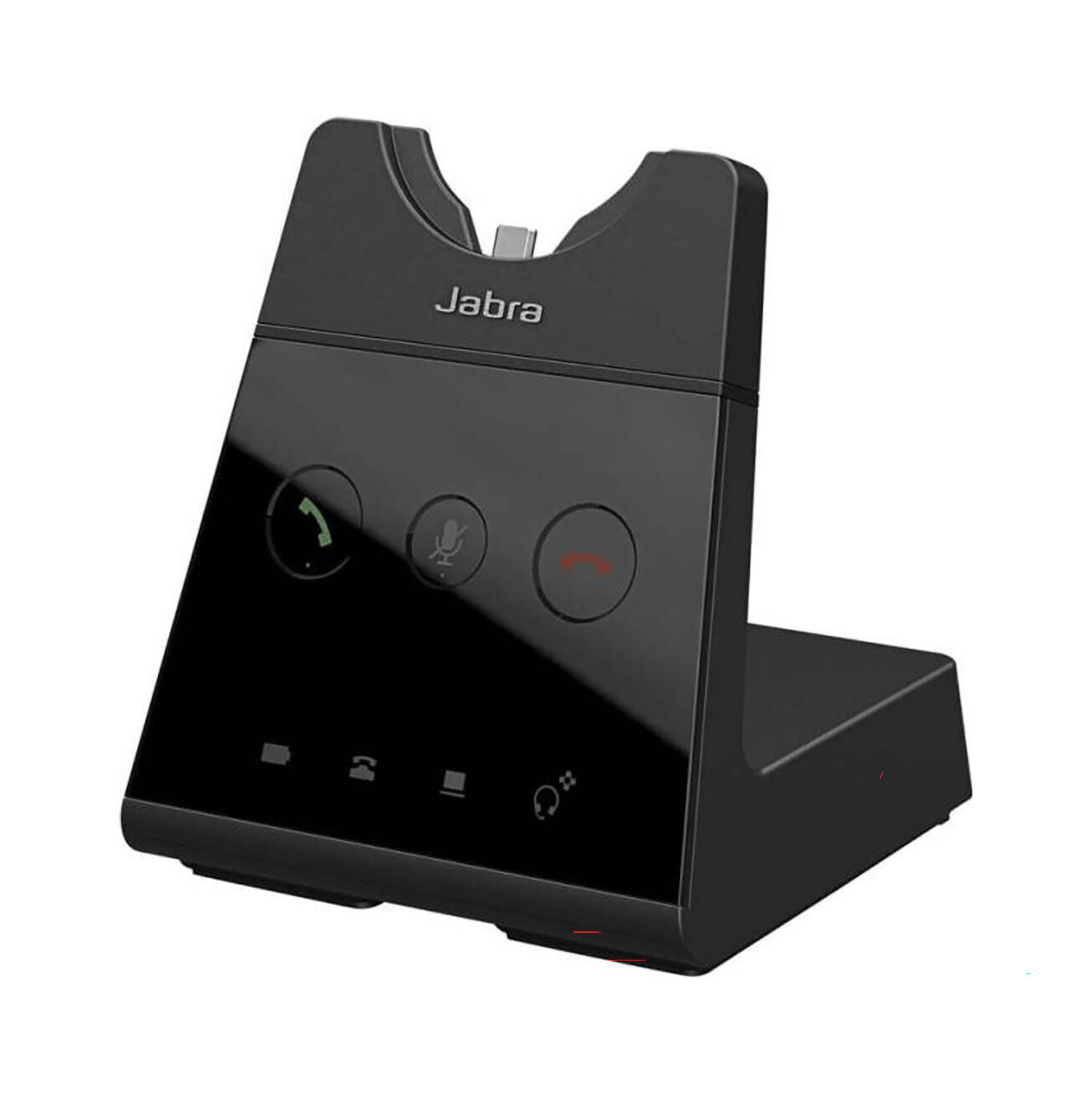 Czarna stacja ładująca Jabra. Ma przyciski połączenia, wyciszenia i zakończenia połączenia. Widoczne logo Jabra. Podstawa ma czerwone światło.
