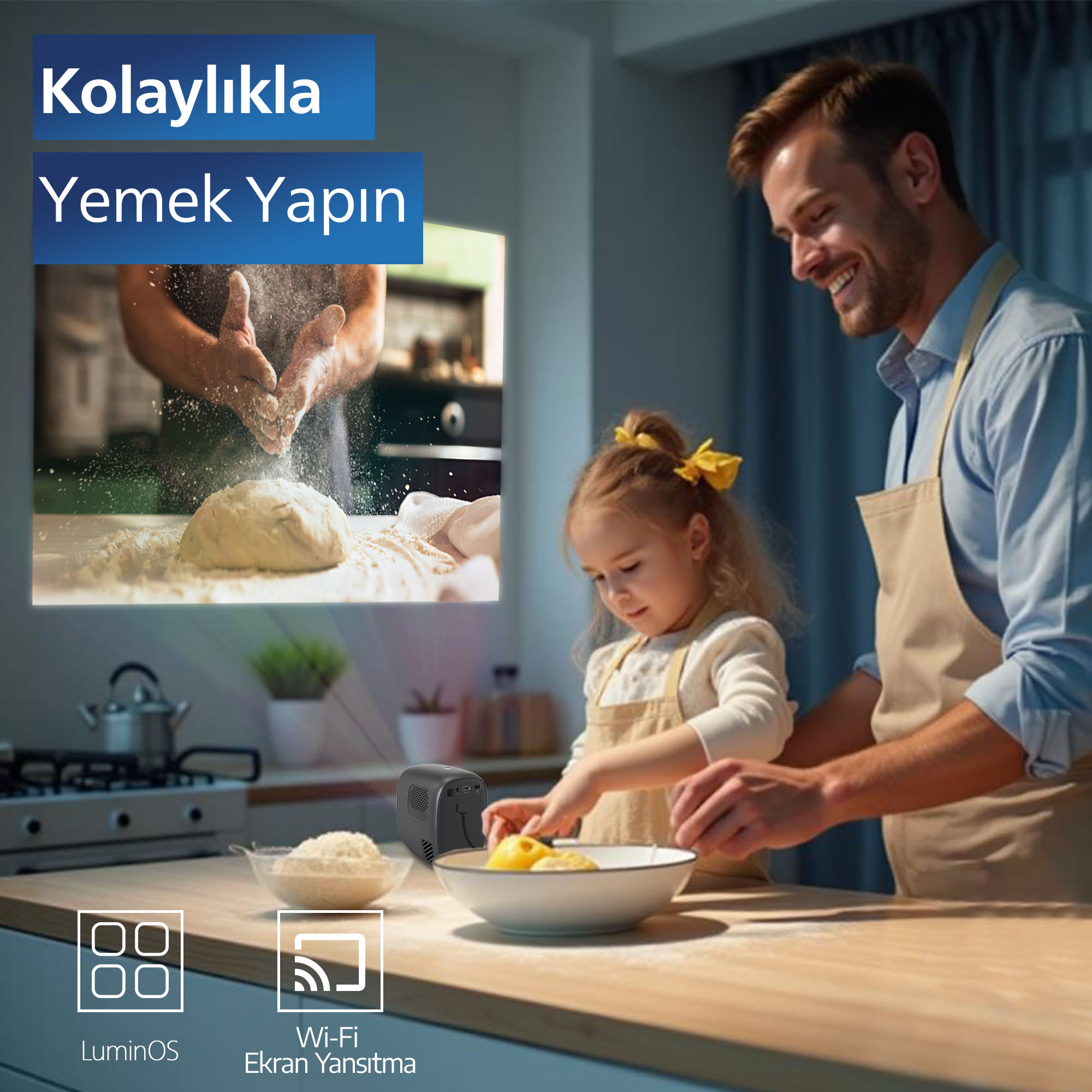 Baba ve çocuk birlikte yemek pişiriyor. Hamura un düşüyor. Gülümseyen baba ve sarı kurdeleli küçük kız.