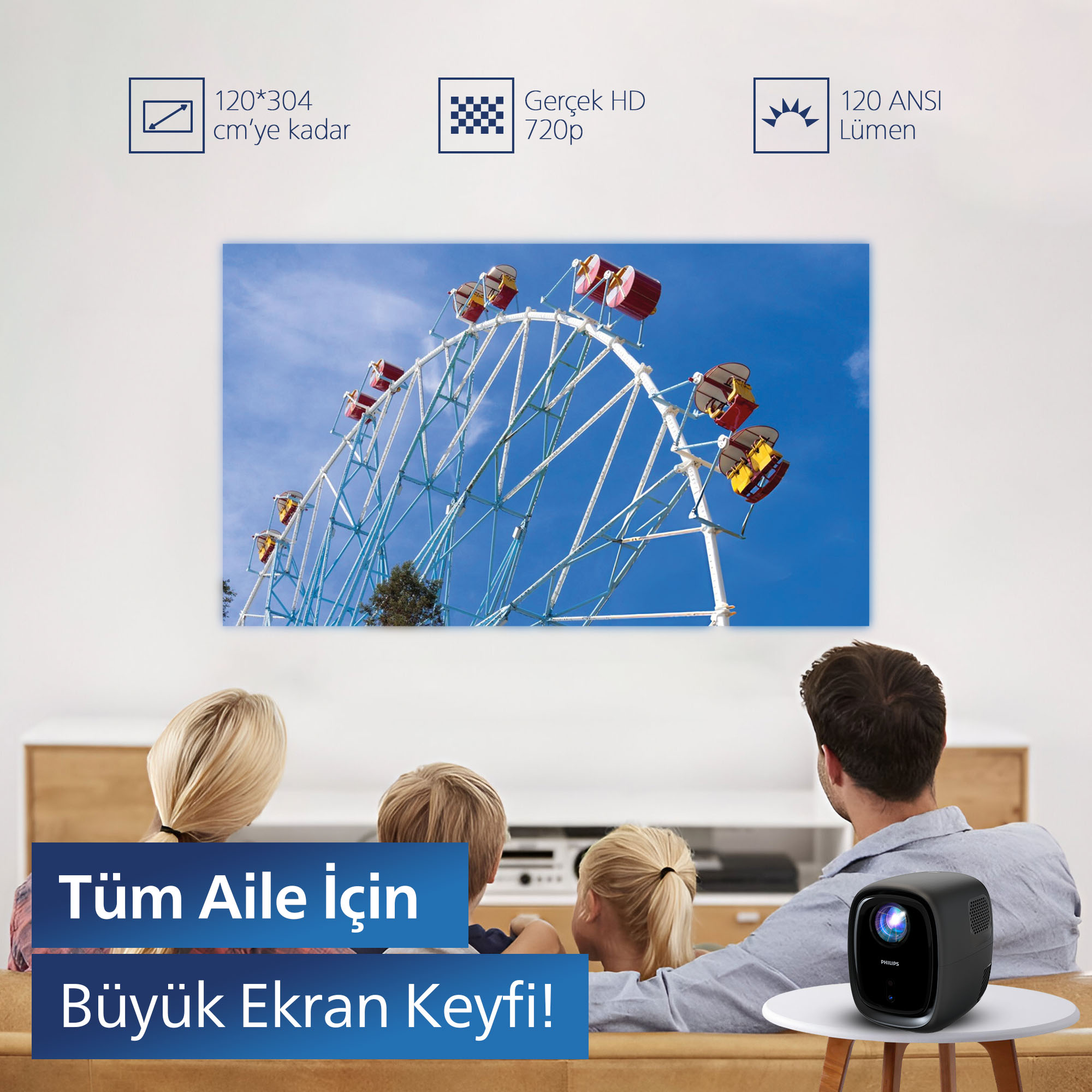 Aile, yansıtılan bir dönme dolap görüntüsünü izliyor. Bir projektör masada duruyor. Metin: Tüm aile için, büyük ekran keyfi!