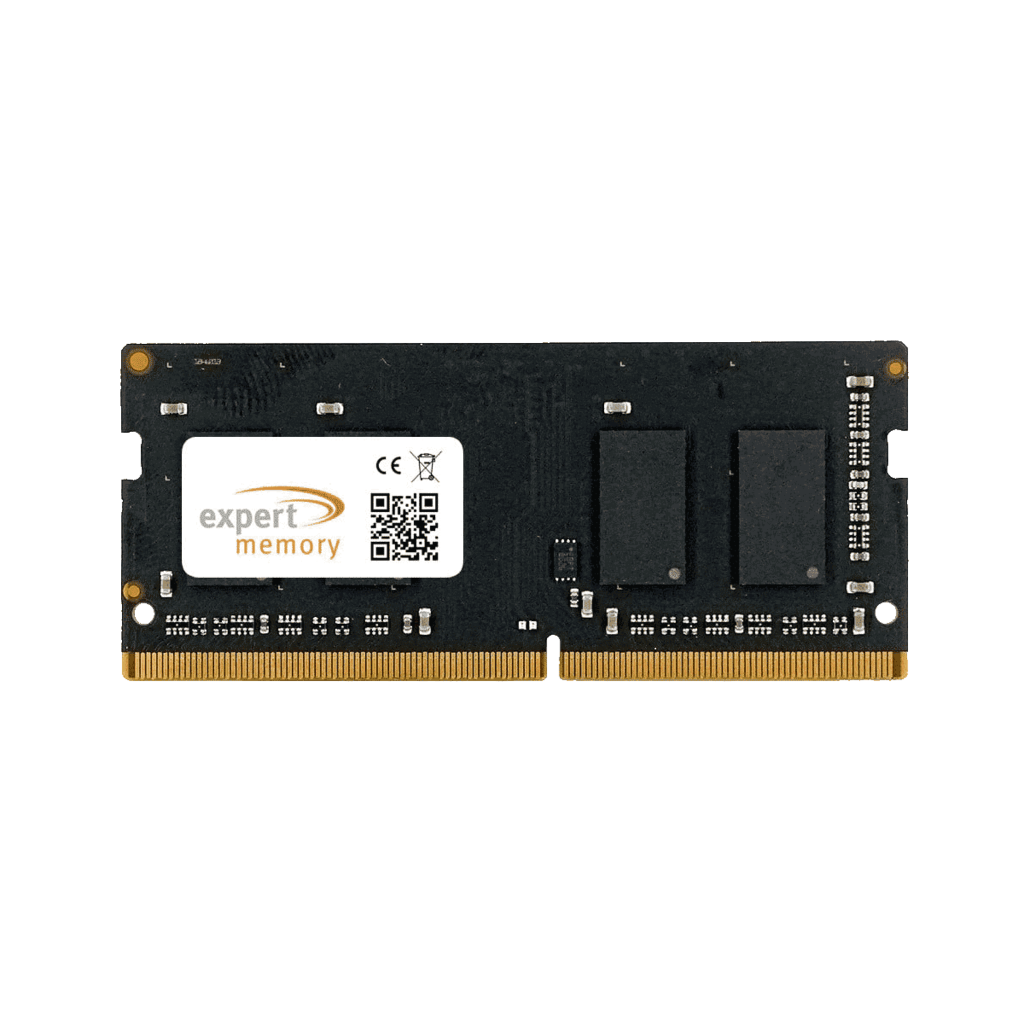 Ein RAM-Modul mit schwarzer Leiterplatte, goldenen Pins und einem Aufkleber mit 'expert memory' und QR-Code.