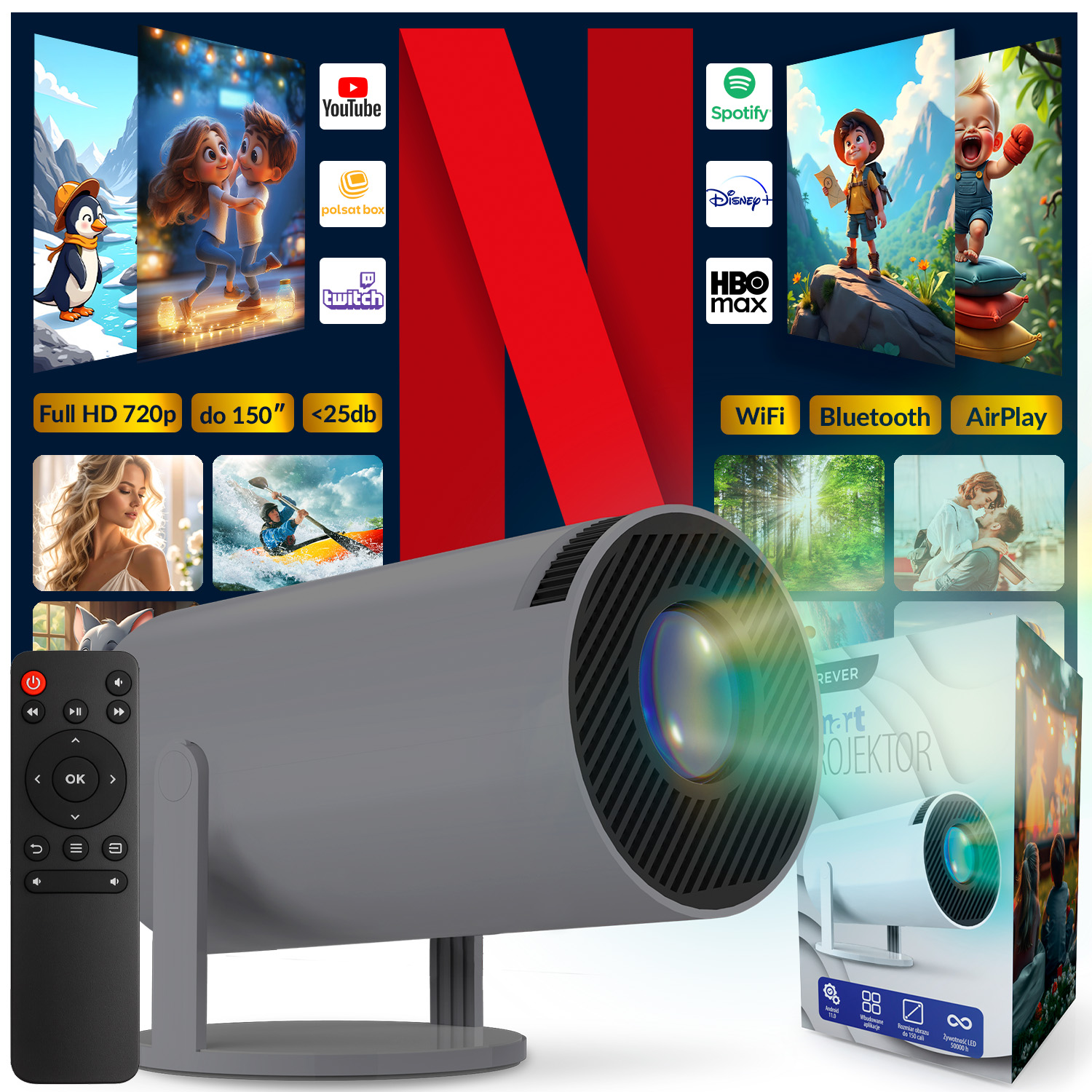 Szary projektor z pilotem, obrazy usług streamingowych i tekst promocyjny na ciemnym tle.