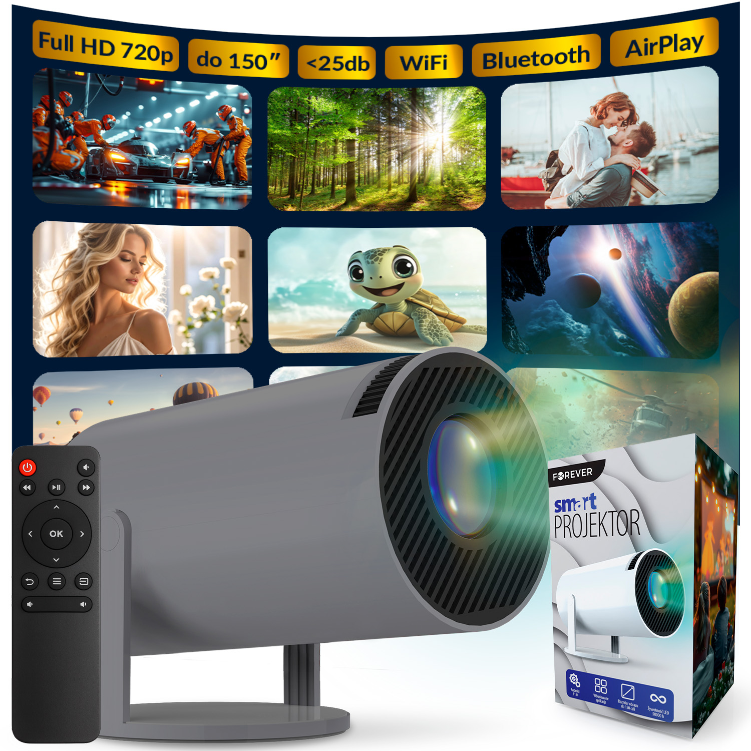 Szary projektor z pilotem i pudełko obok ze zdjęciem projektora. Kilka małych obrazów w tle.