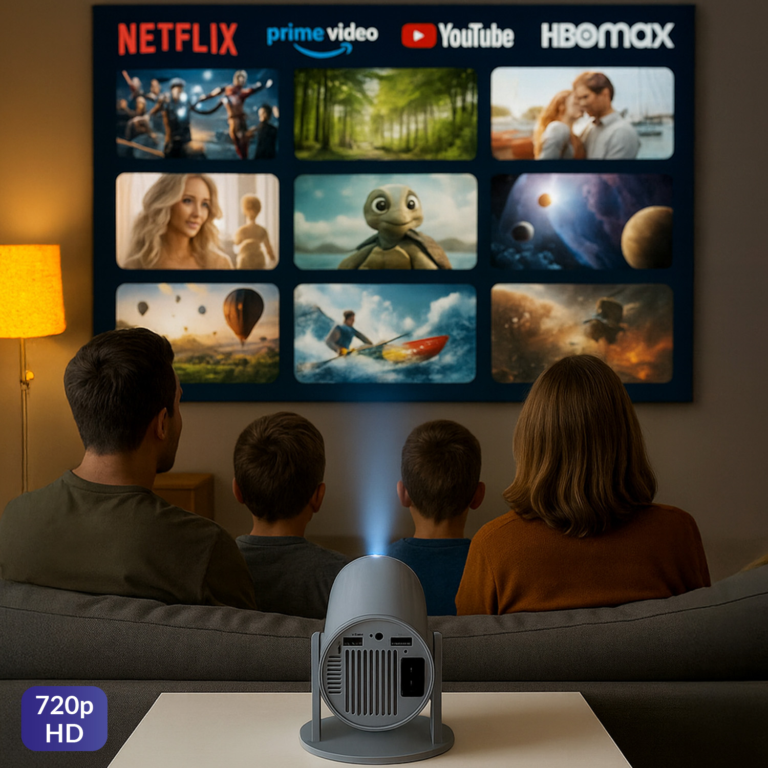 Rodzina ogląda wyświetlany ekran z usługami strumieniowania. Szary projektor stoi na stole, wyświetlając obraz.