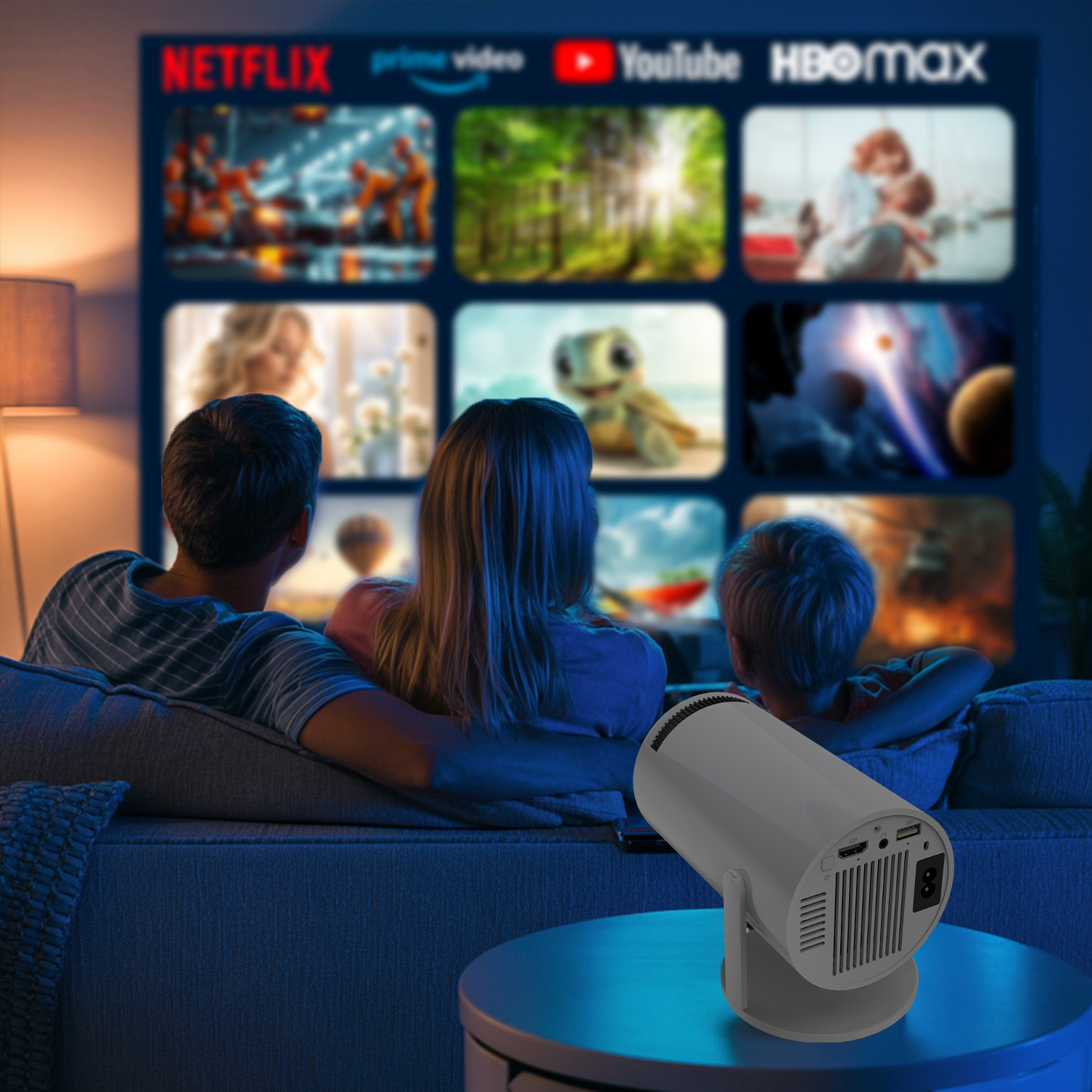 Rodzina ogląda wyświetlany ekran z logo usług streamingowych. Projektor stoi na stole na pierwszym planie.
