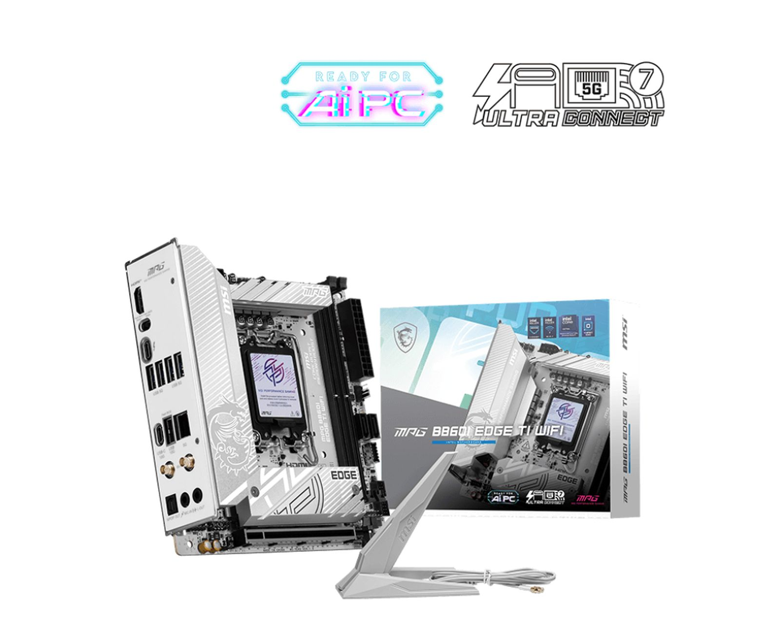 Eine weiße MSI-Hauptplatine und -Box werden angezeigt. Die Box zeigt das Motherboard. Eine WLAN-Antenne befindet sich im Vordergrund.
