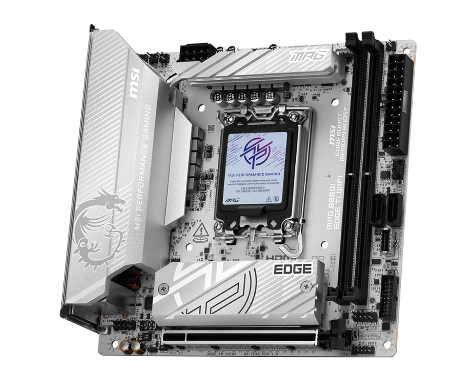 Ein silbernes MSI MPG B660I EDGE TI WIFI Motherboard. Es hat das MSI-Logo, eine Drachengrafik und verschiedene Anschlüsse und Steckplätze.