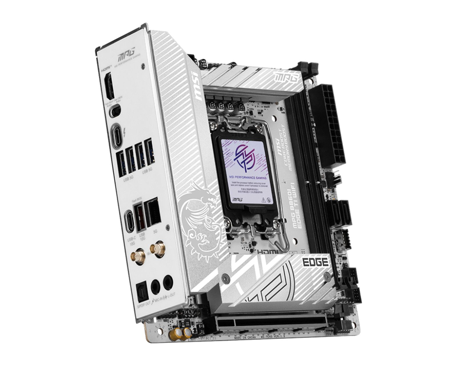 Ein weißes und silbernes MSI-Motherboard. Zu den Merkmalen gehören USB-Anschlüsse, HDMI und ein Drachendesign. Der Text 'EDGE' ist sichtbar.