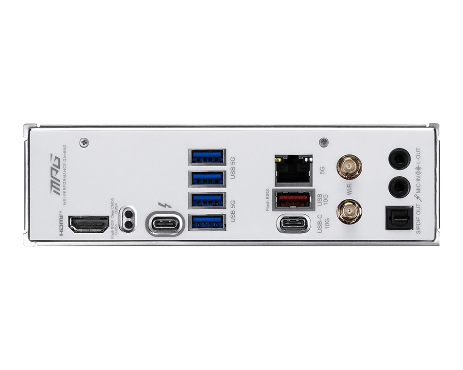 Rückseite einer Computerkomponente. Anschlüsse sind USB, HDMI, Wi-Fi und Audioausgänge. Das Panel ist grau mit weißem Text.