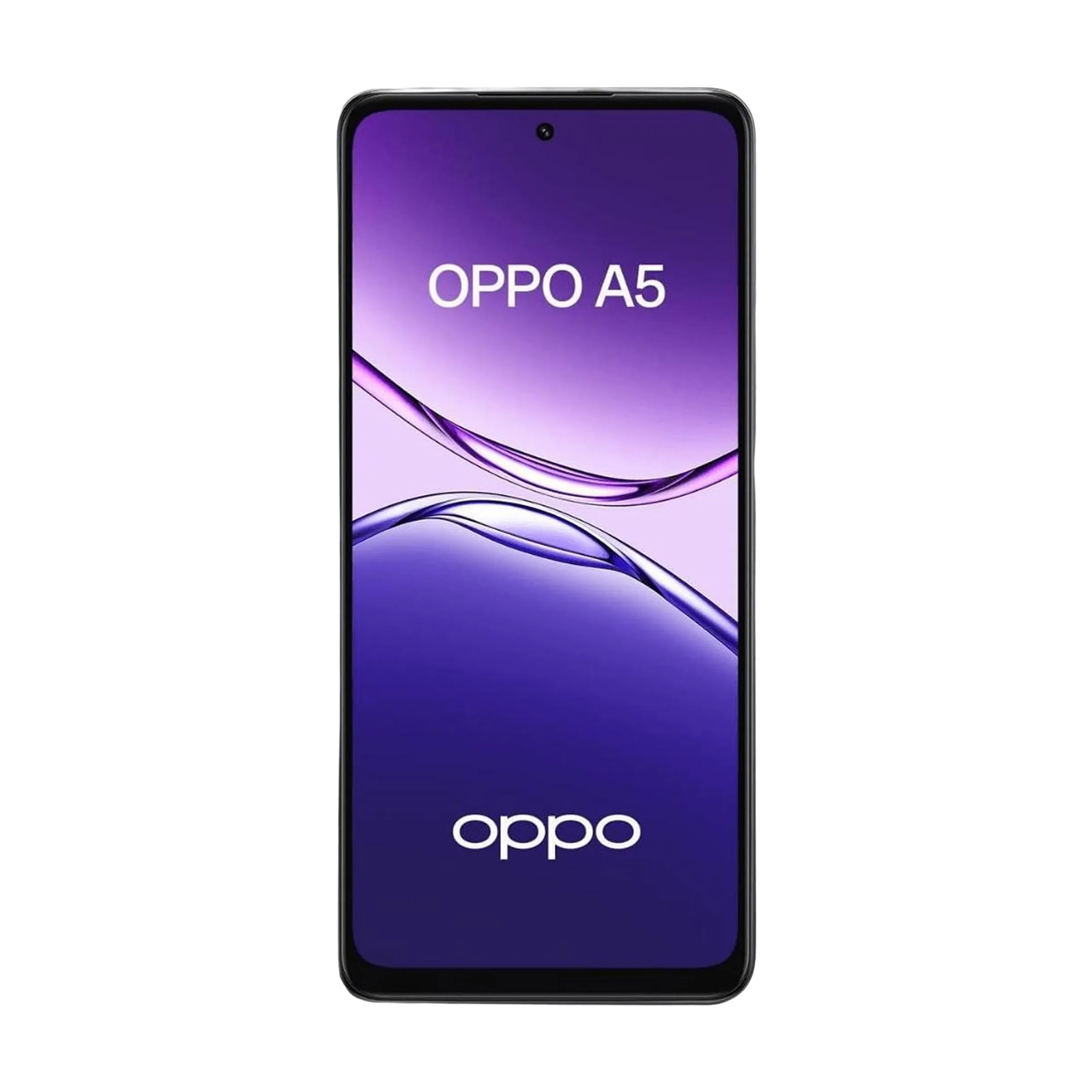 Smartfon OPPO A5, czarna ramka, fioletowy ekran gradientowy, biały tekst, logo OPPO.