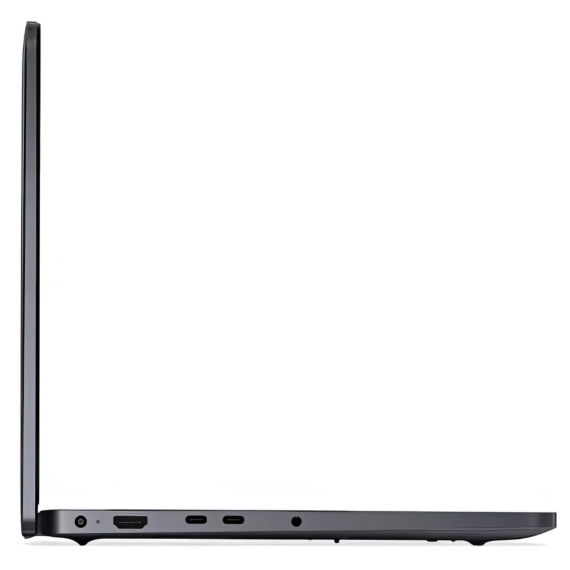 Koyu gri bir dizüstü bilgisayarın yan görünümü. Alt kenarda USB-C ve HDMI dahil bağlantı noktalarını gösterir. Beyaz zemin.