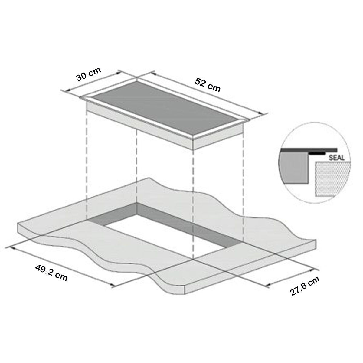 Diagrama de una encimera y encimera con dimensiones. Detalle del sello. Encimera gris sobre encimera gris claro.