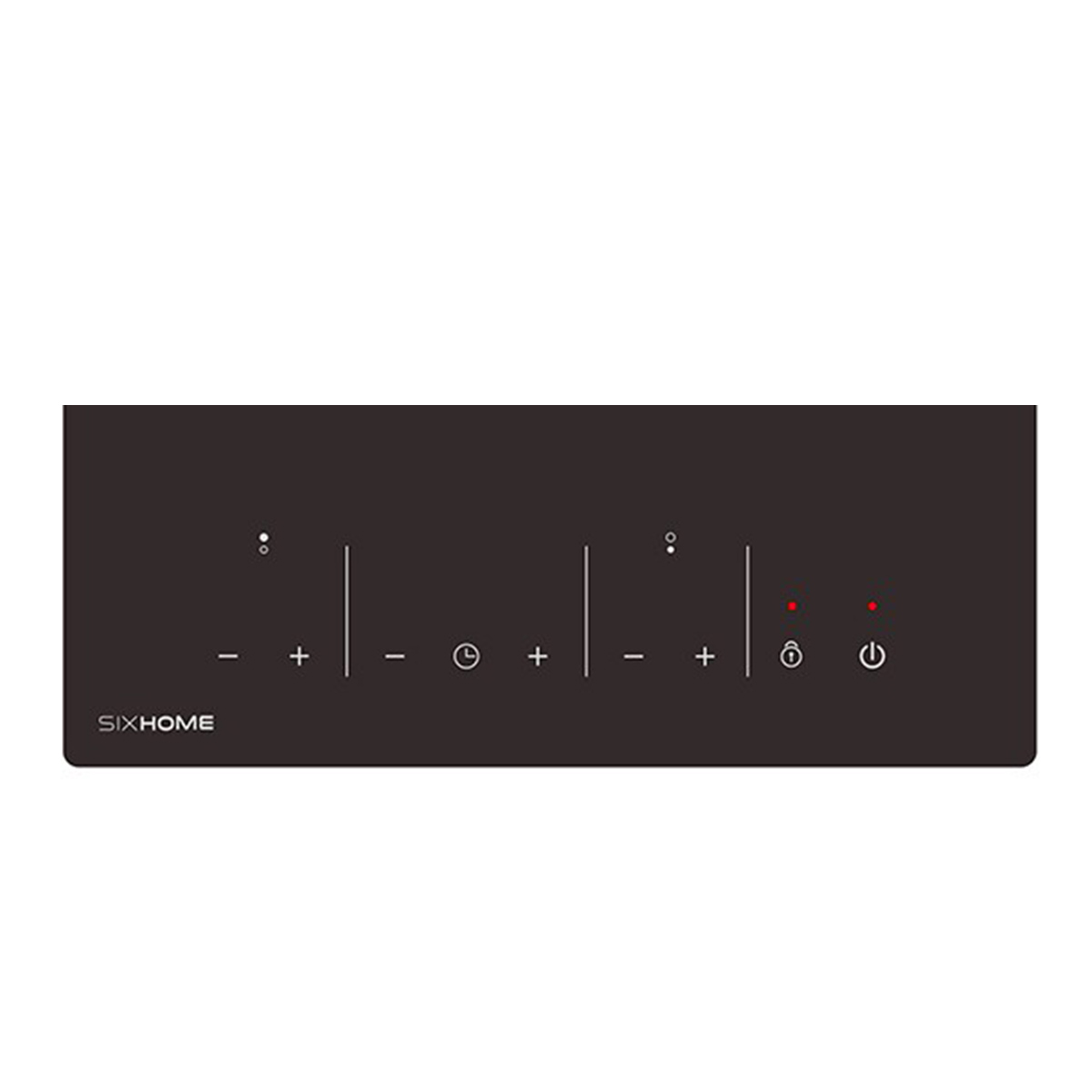 Panel de control de vitrocerámica SIXHOME marrón oscuro. Tiene controles táctiles con botones más y menos, un temporizador e indicadores de energía.