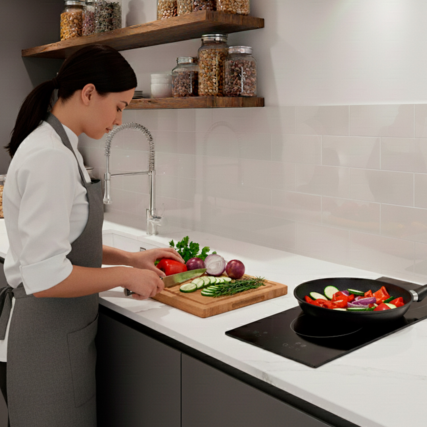 Mujer en la cocina cortando verduras en una tabla. Sartén con verduras cocinadas en la estufa. Estantes con frascos.