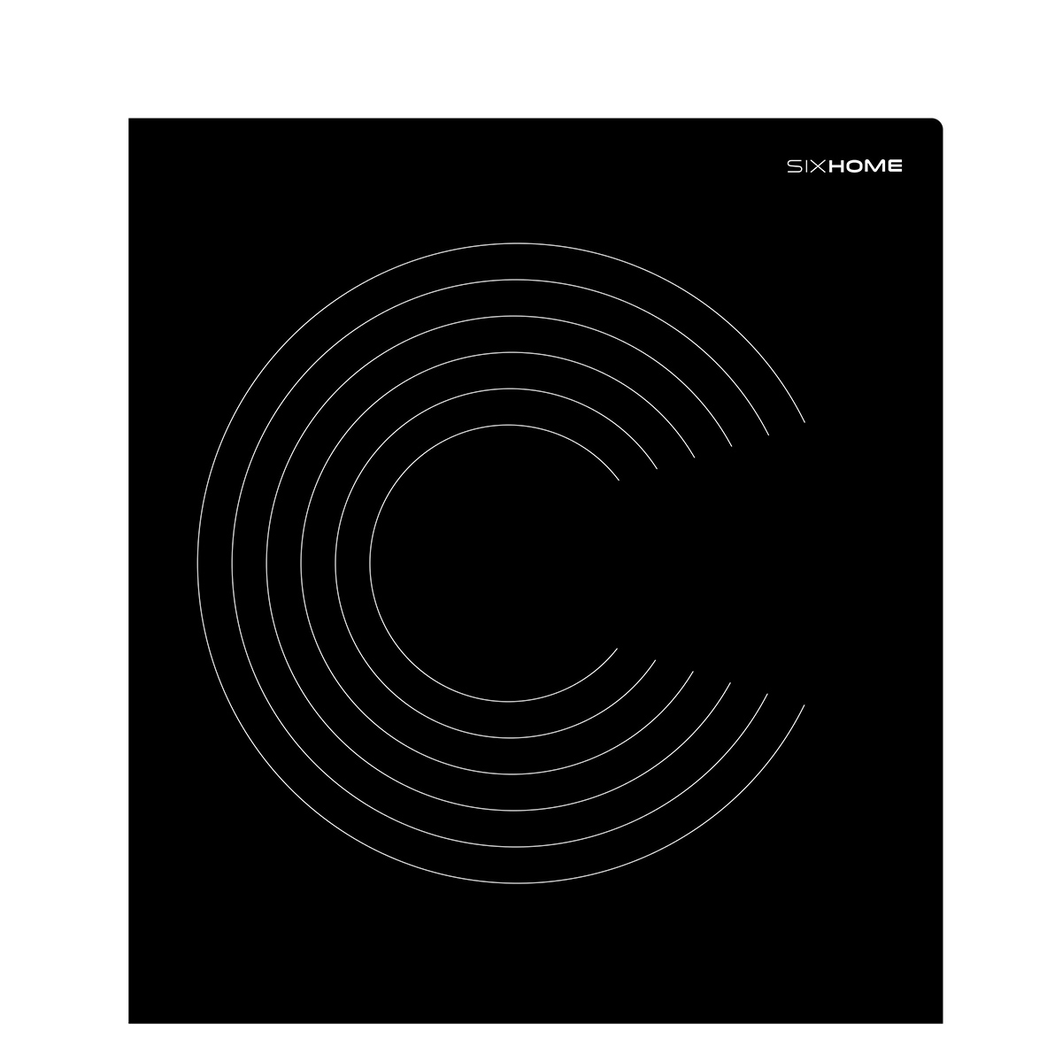 Fondo negro con arcos concéntricos blancos que forman una 'C' estilizada. 'SIXHOME' está escrito en blanco en la esquina superior derecha.