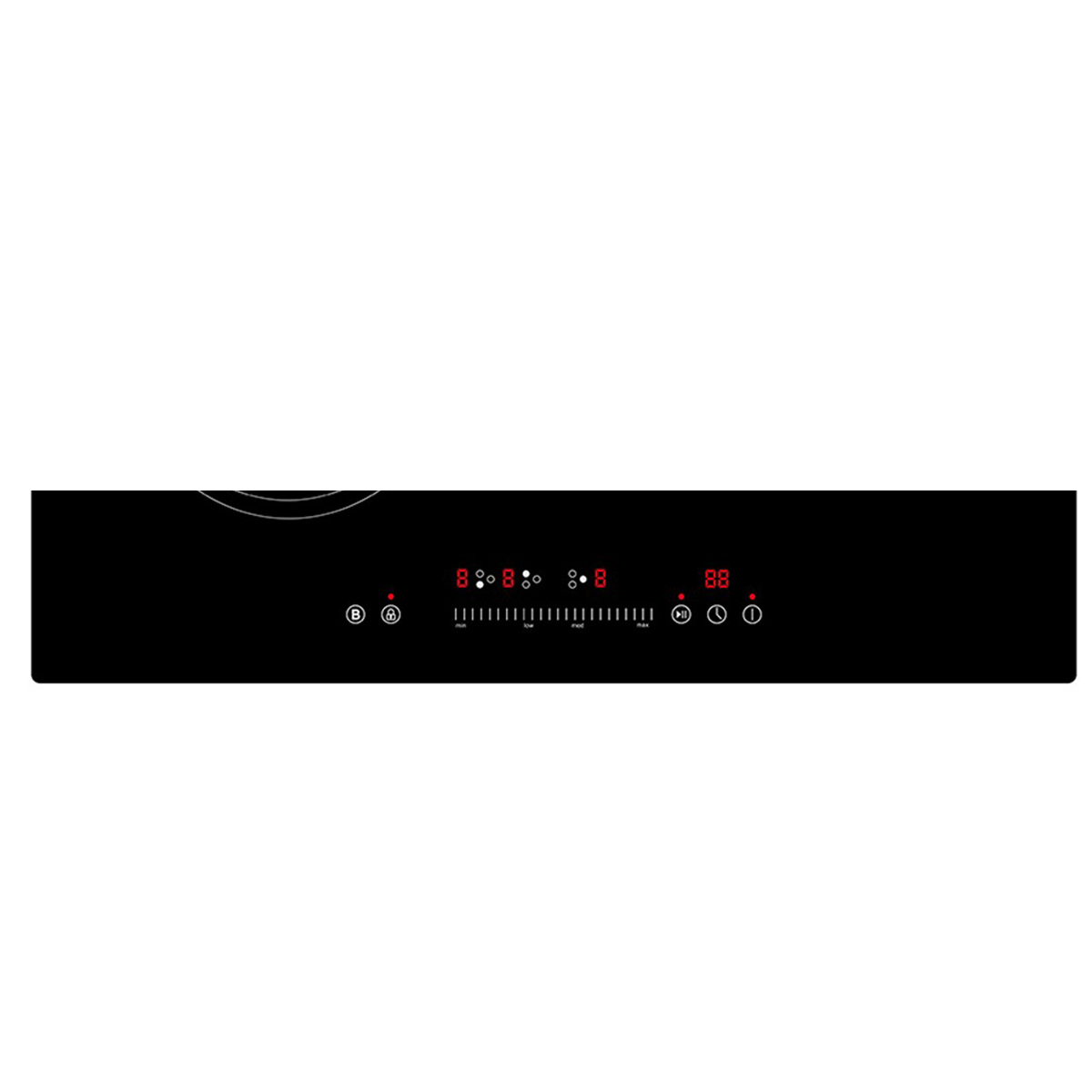 Placa de inducción negra con pantalla digital roja que muestra números y símbolos. Tiene controles táctiles y zonas de cocción.