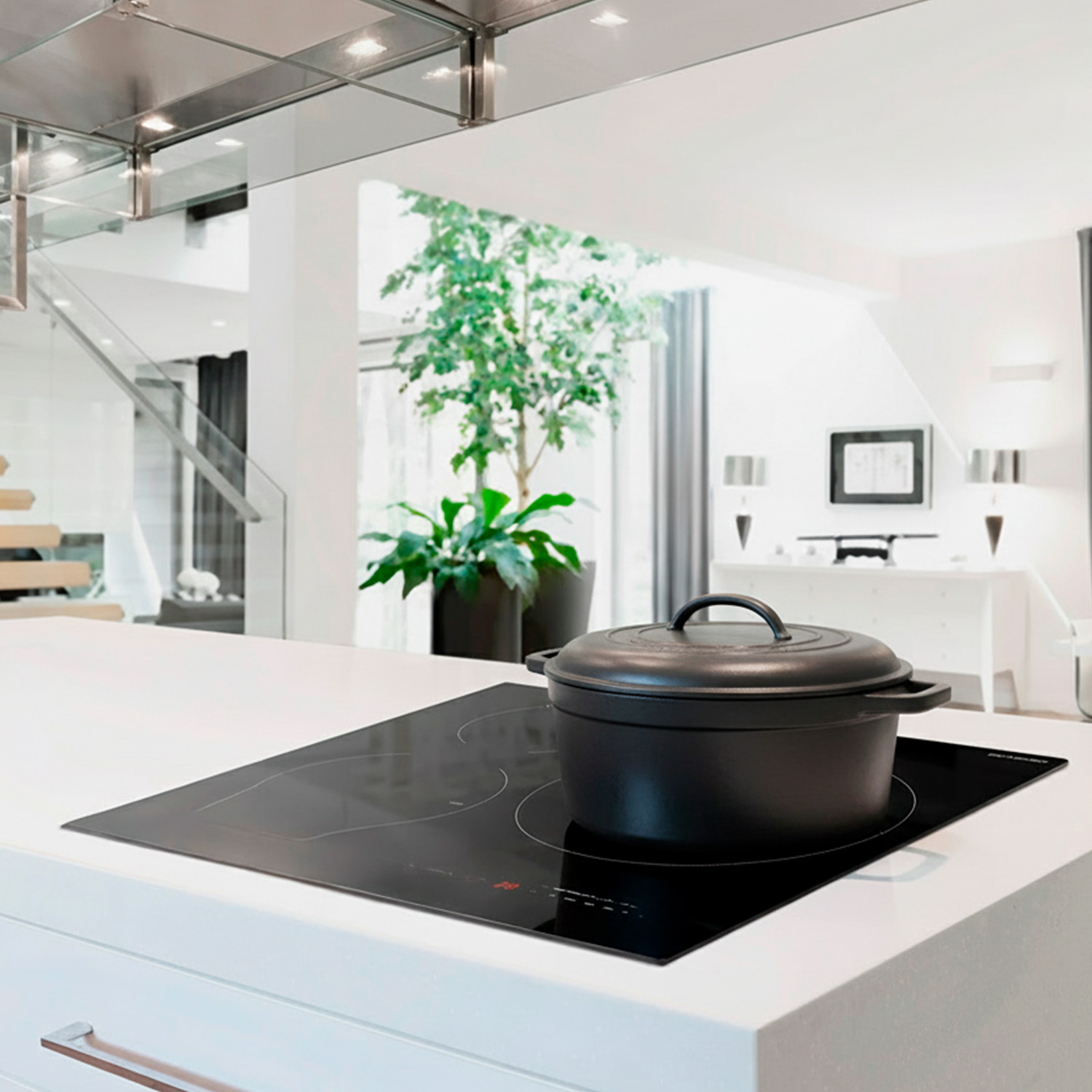 Cocina moderna con una olla negra sobre una placa de cocina negra. Una planta verde y una encimera blanca en primer plano.