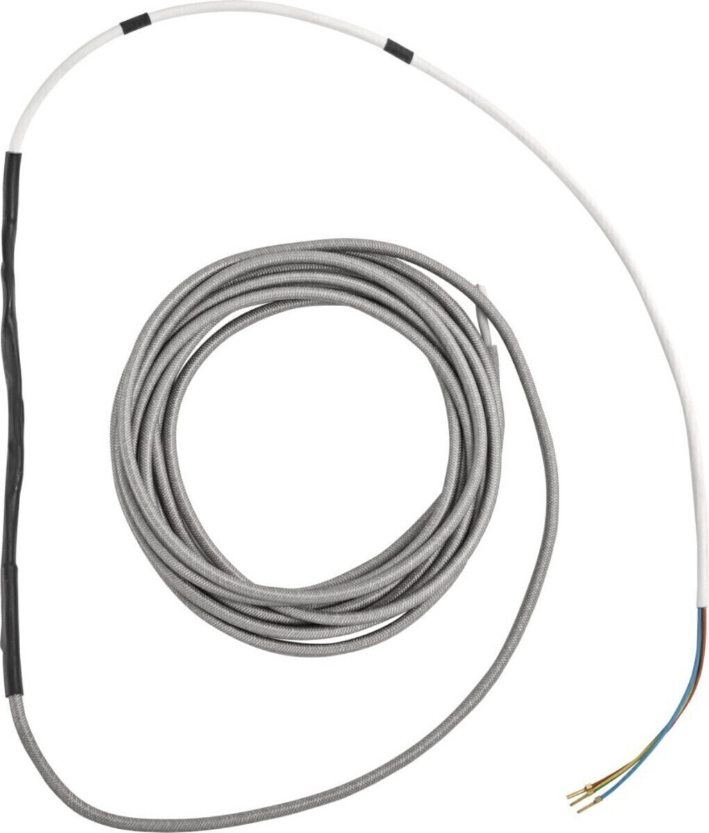 Ein aufgerolltes graues Kabel mit weißen Enden und schwarzem Schrumpfschlauch. Drei farbige Drähte sind am Ende sichtbar. Der Hintergrund ist weiß.