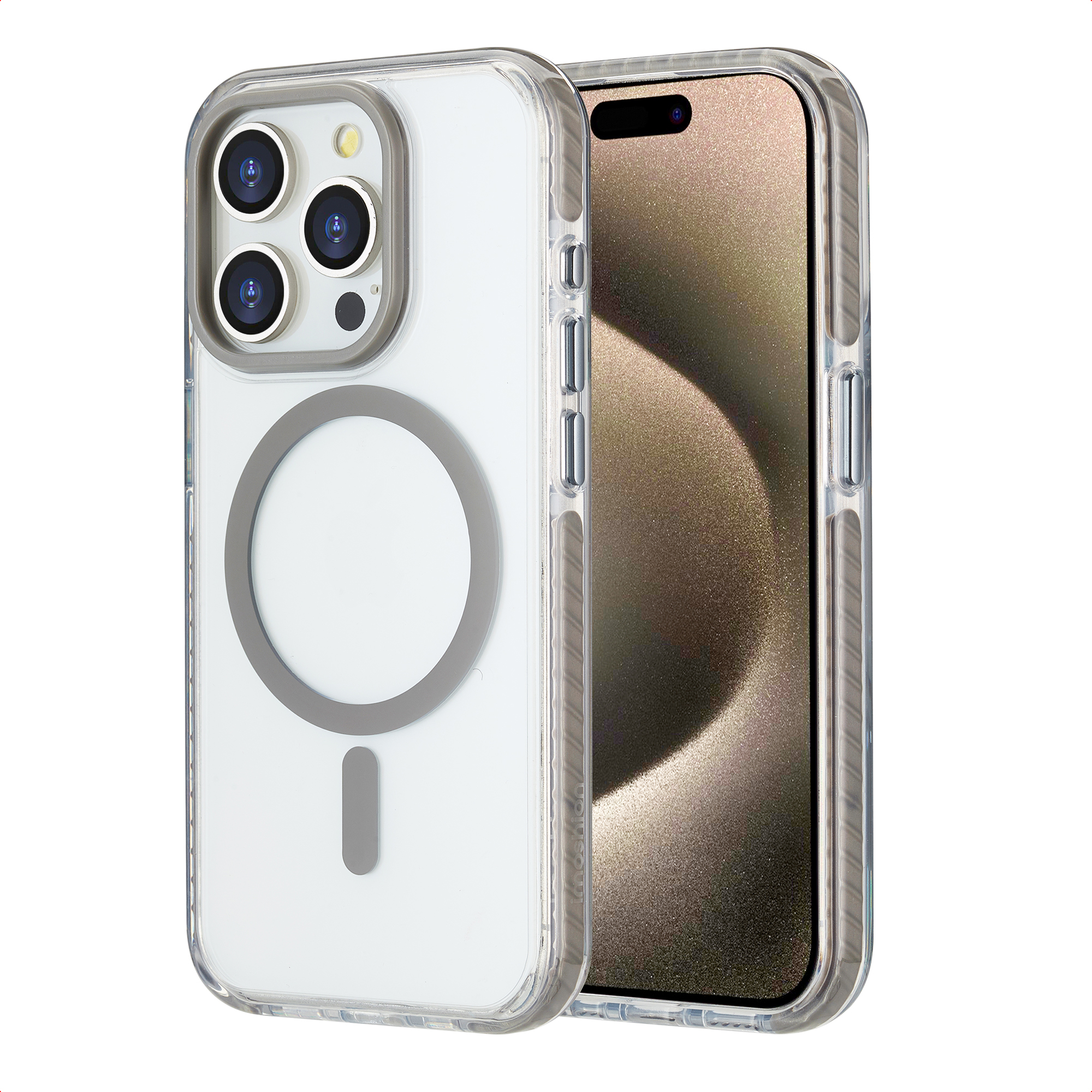 Coque de téléphone transparente avec un téléphone à l'intérieur. Le boîtier a un cercle magnétique gris et une découpe pour l'appareil photo.