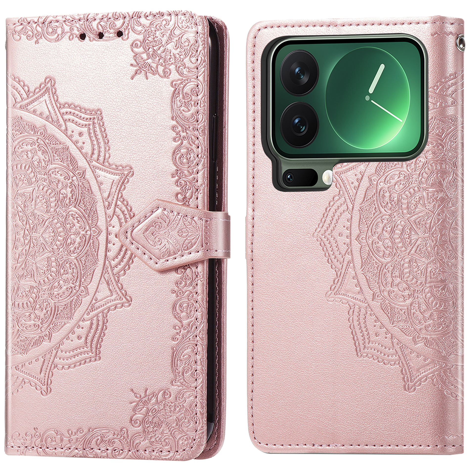 Étui de téléphone rose avec motif mandala en relief. Le téléphone possède deux caméras. L'étui est fermé par une sangle.
