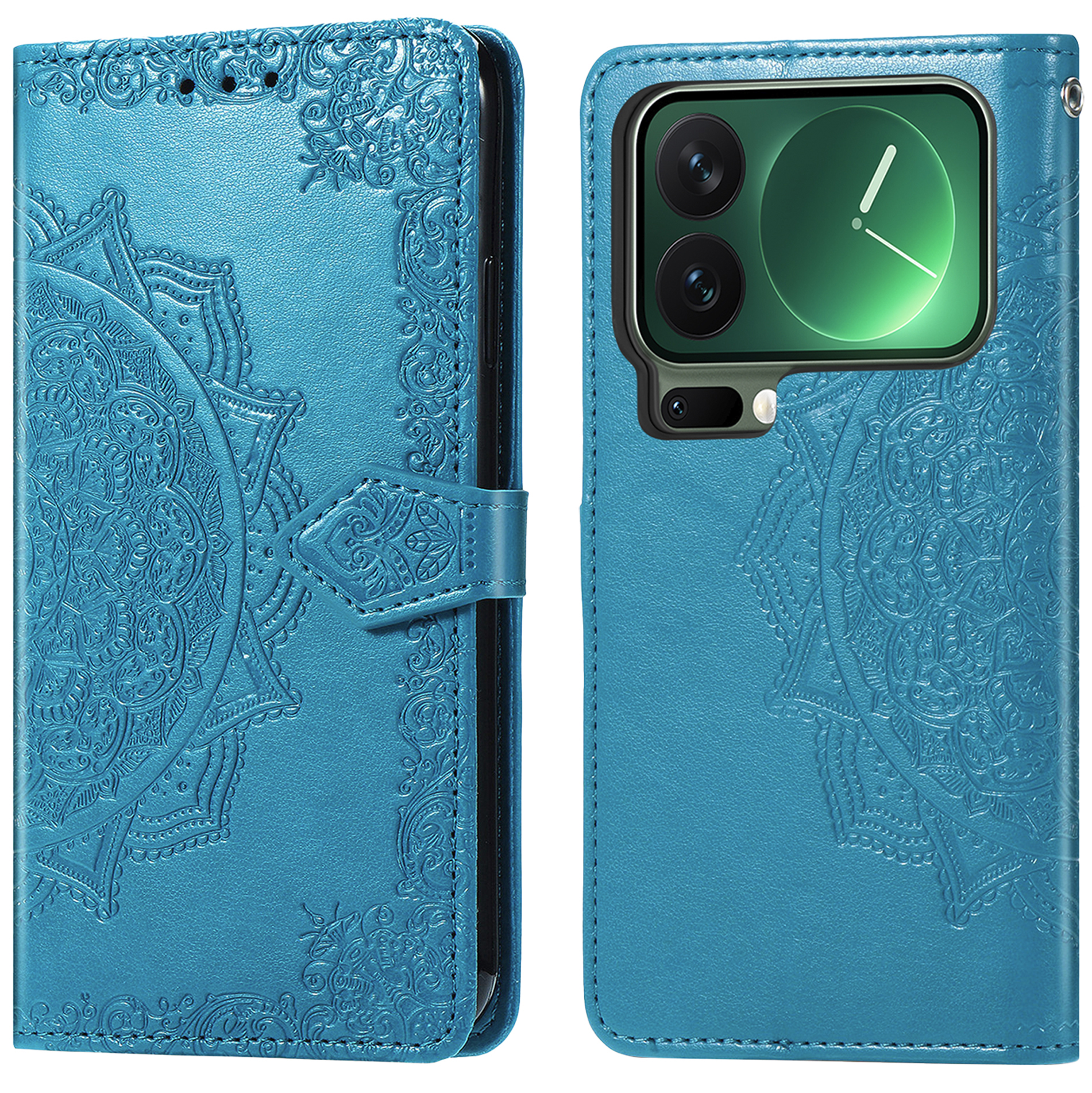 Étui de téléphone bleu sarcelle avec motif mandala en relief. Ouvert, affichant le téléphone avec horloge à l'écran.