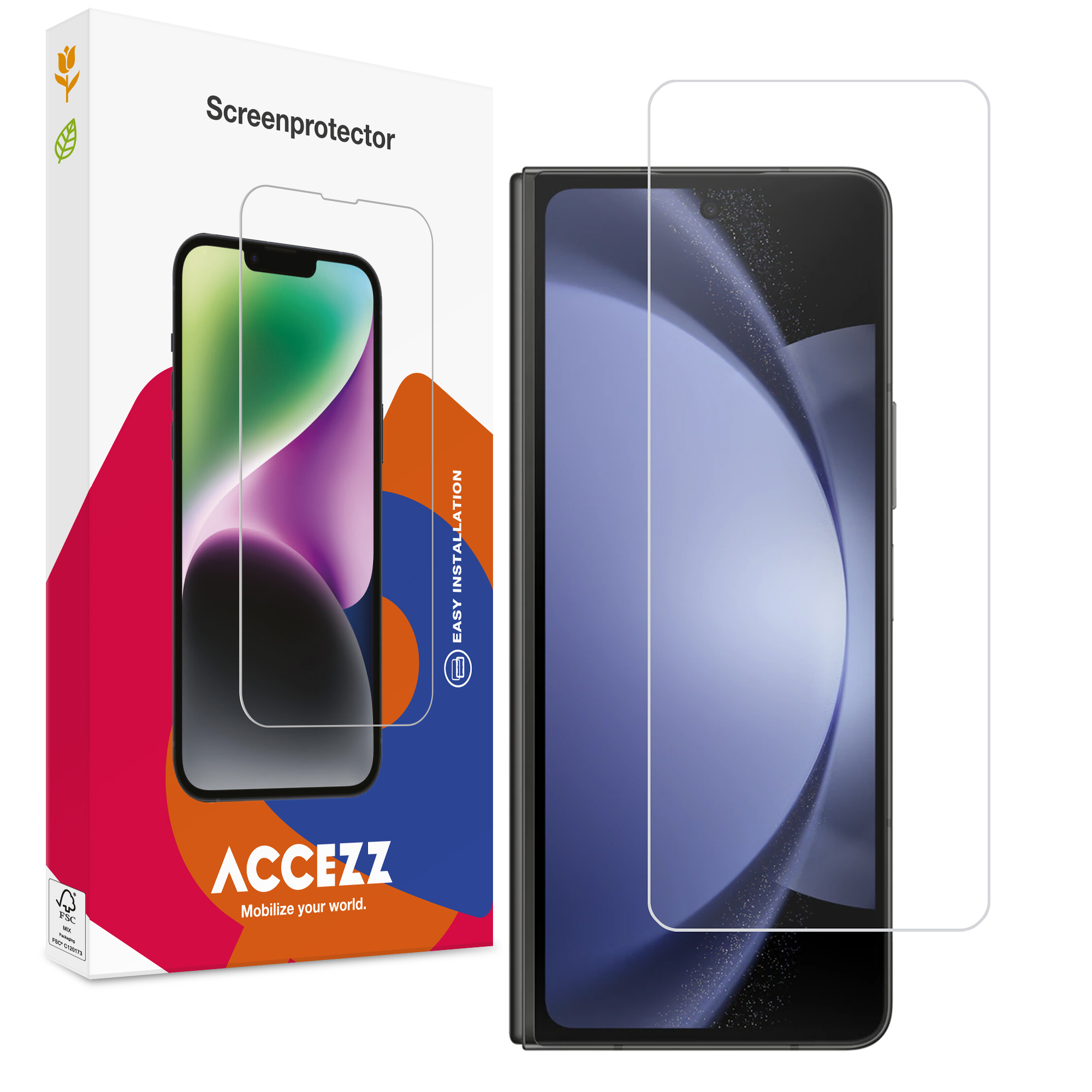 Een telefoon en een schermbeschermer worden getoond. De beschermdoos bevat een telefoonafbeelding en de beschermer staat naast de telefoon.