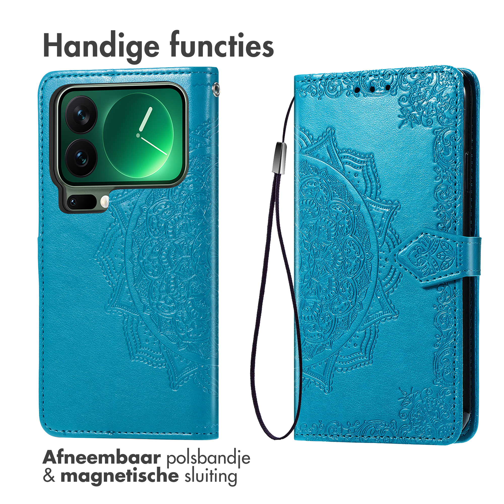 Une coque de téléphone turquoise avec un motif mandala et une dragonne. C'est un étui à rabat.