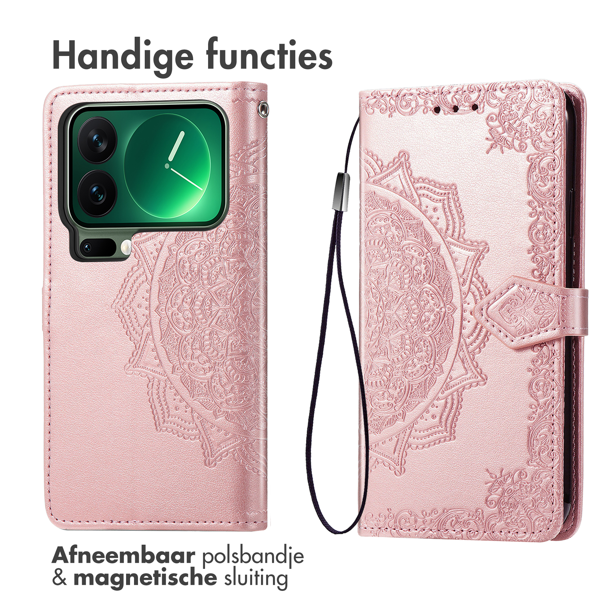 Étui de téléphone rose, ouvert. Comprend un motif mandala, une fermeture magnétique et une dragonne. Texte : Handige functies, Afneembaar polsbandje.