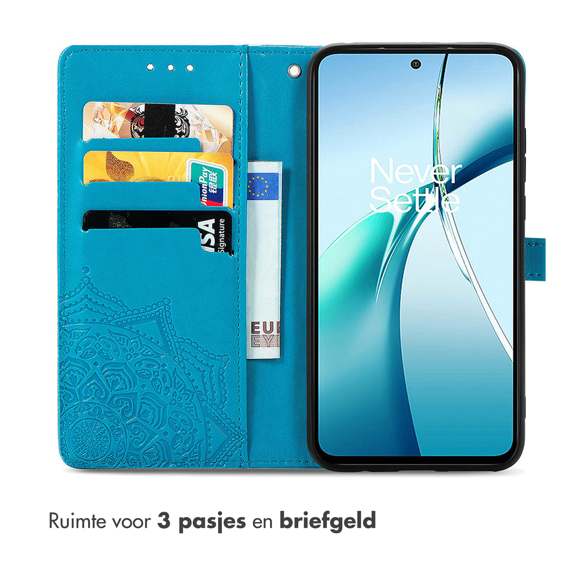 Un étui de téléphone bleu sarcelle avec un téléphone. L'étui a des fentes pour cartes et un portefeuille. Le téléphone affiche 'Never Settle'.